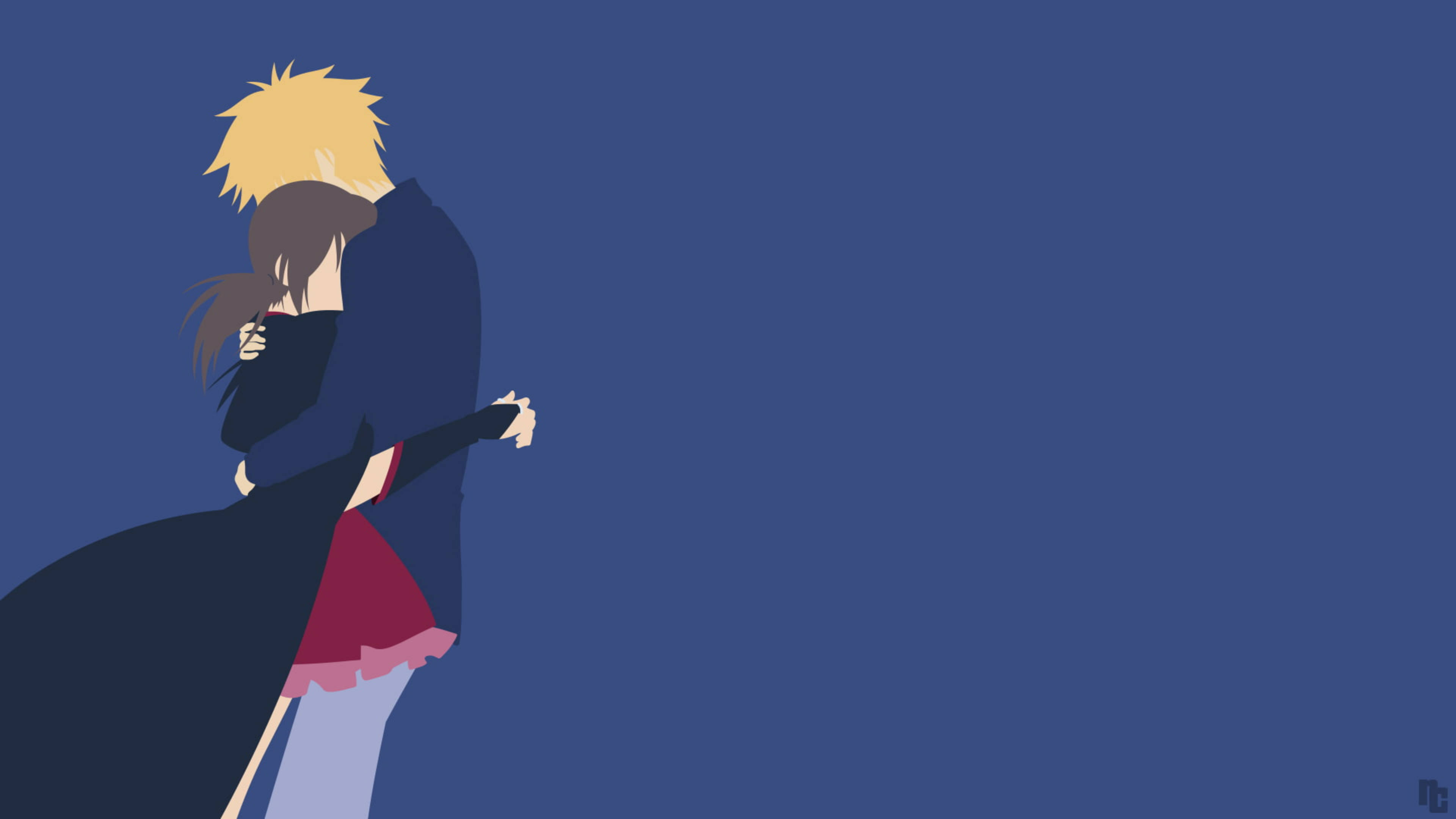 Maid Sama 桌布 壁紙 — 一對極簡動漫情侶在純藍色背景前擁抱，擁有風格化的尖刺頭髮和飄逸的黑色斗篷。