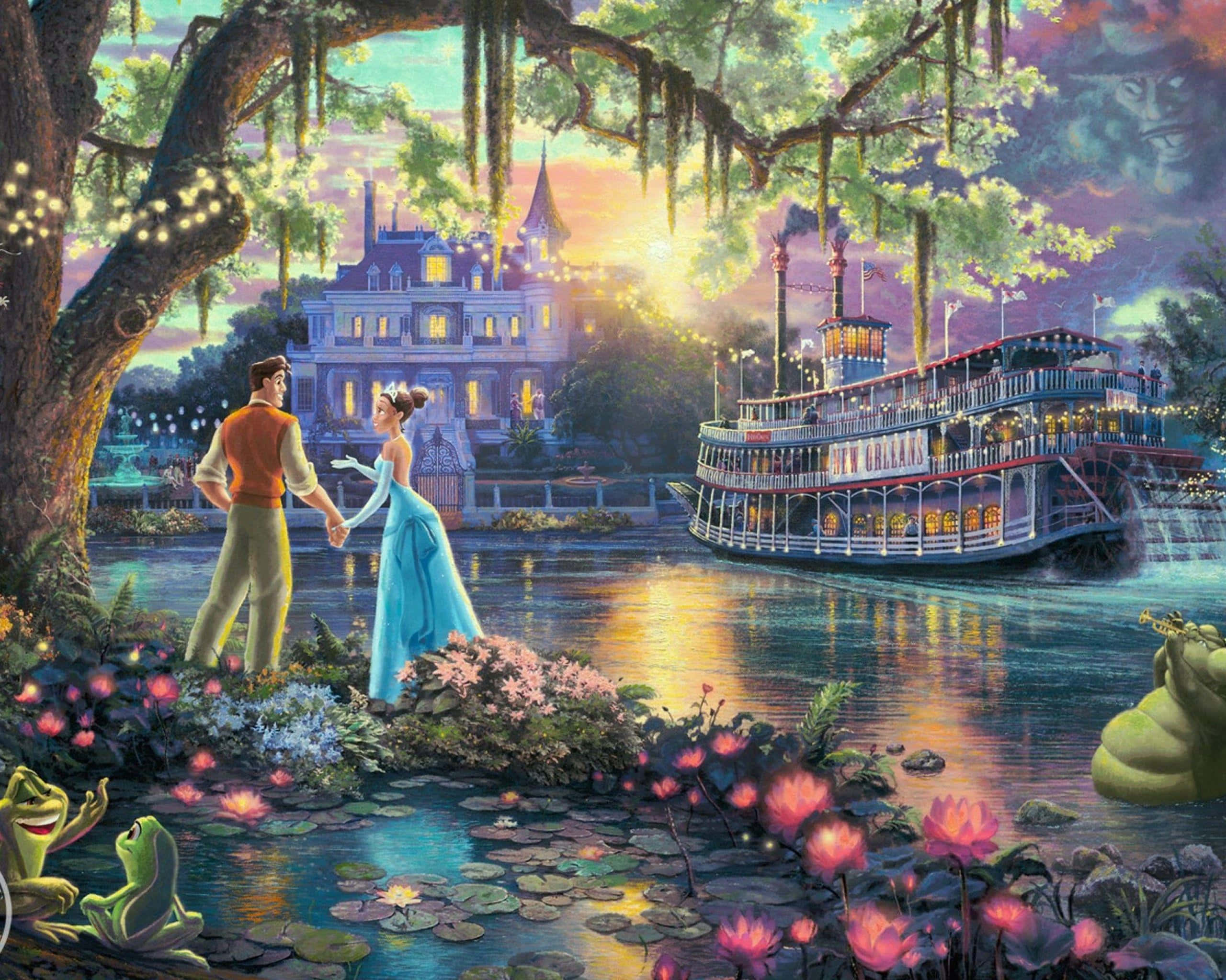 Princess Tiana 桌布 壁紙 — 一對浪漫情侶在日落時分手牽手沿河岸漫步，背景中一艘明輪蒸汽船和一座宏偉宅邸閃耀著光芒。