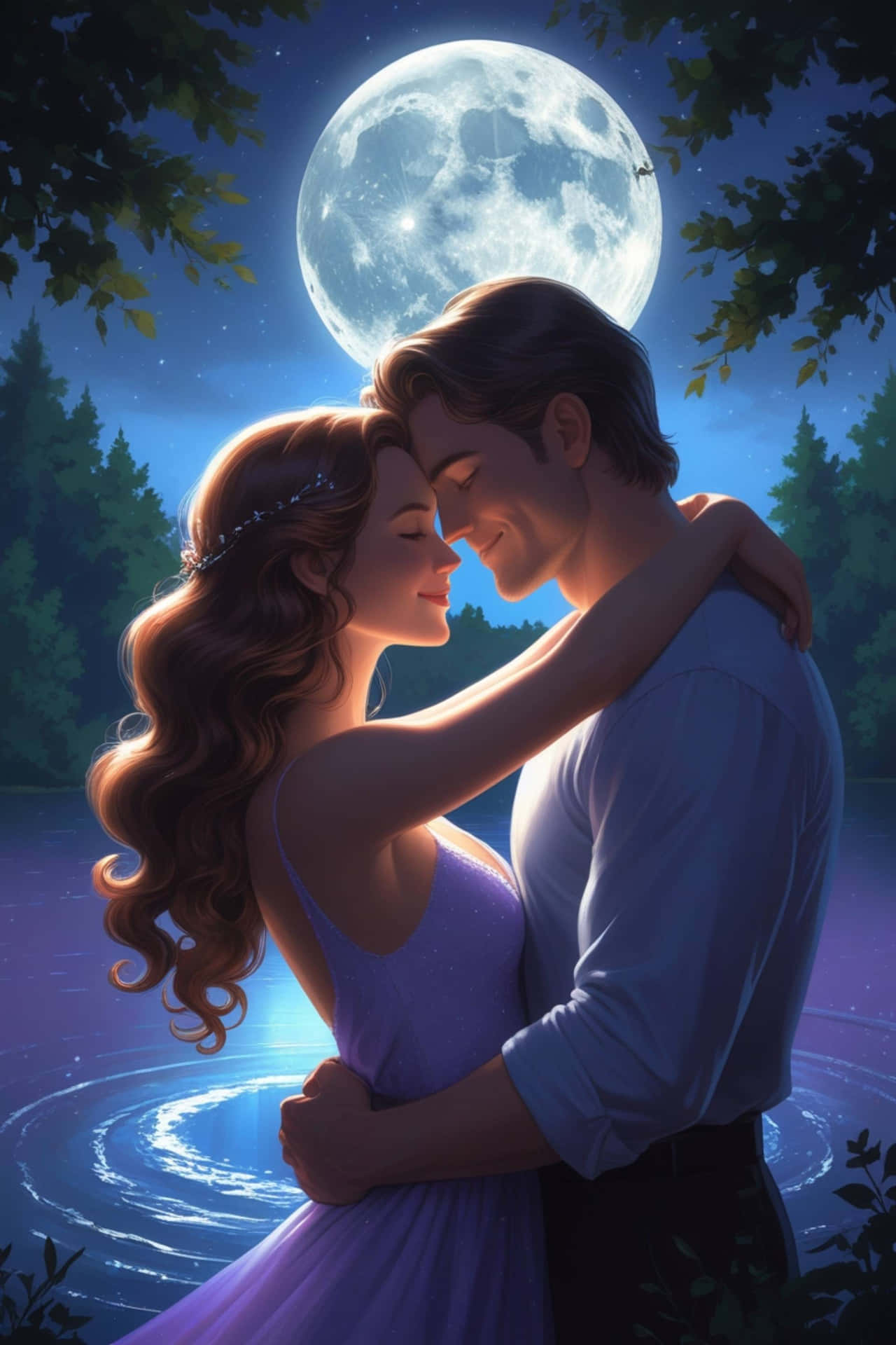 Moonlit Love 壁紙 — 一對浪漫情侶在樹木環繞的發光湖泊上空巨大月亮下擁抱。
