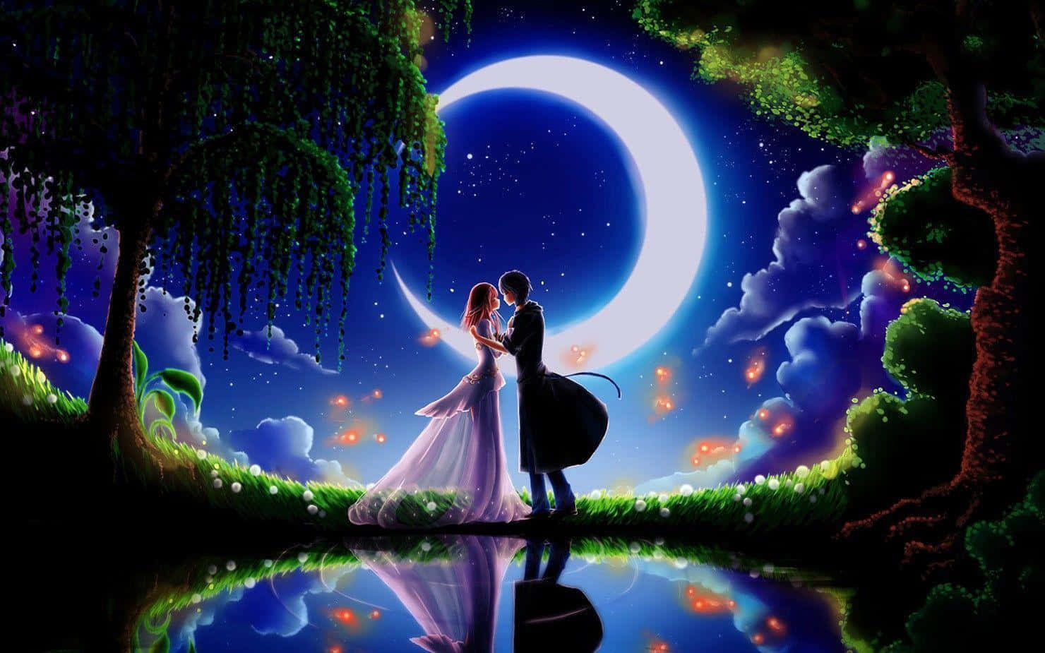 Crescent Moon 桌布 壁紙 — 一對浪漫情侶在閃爍的彎月下跳舞，彎月倒映在寧靜的池塘中，周圍環繞著魔法樹和發光的螢火蟲。