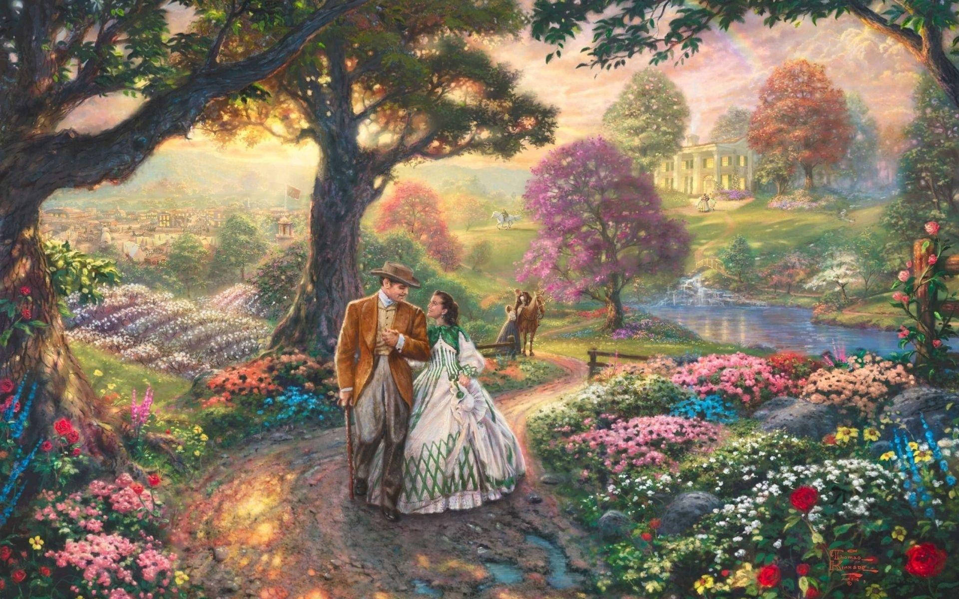 Romance 桌布 壁紙 — 一對浪漫情侶手牽手漫步在日落時分充滿活力的花園中，周圍環繞著色彩繽紛的花朵和遠處的豪宅。
