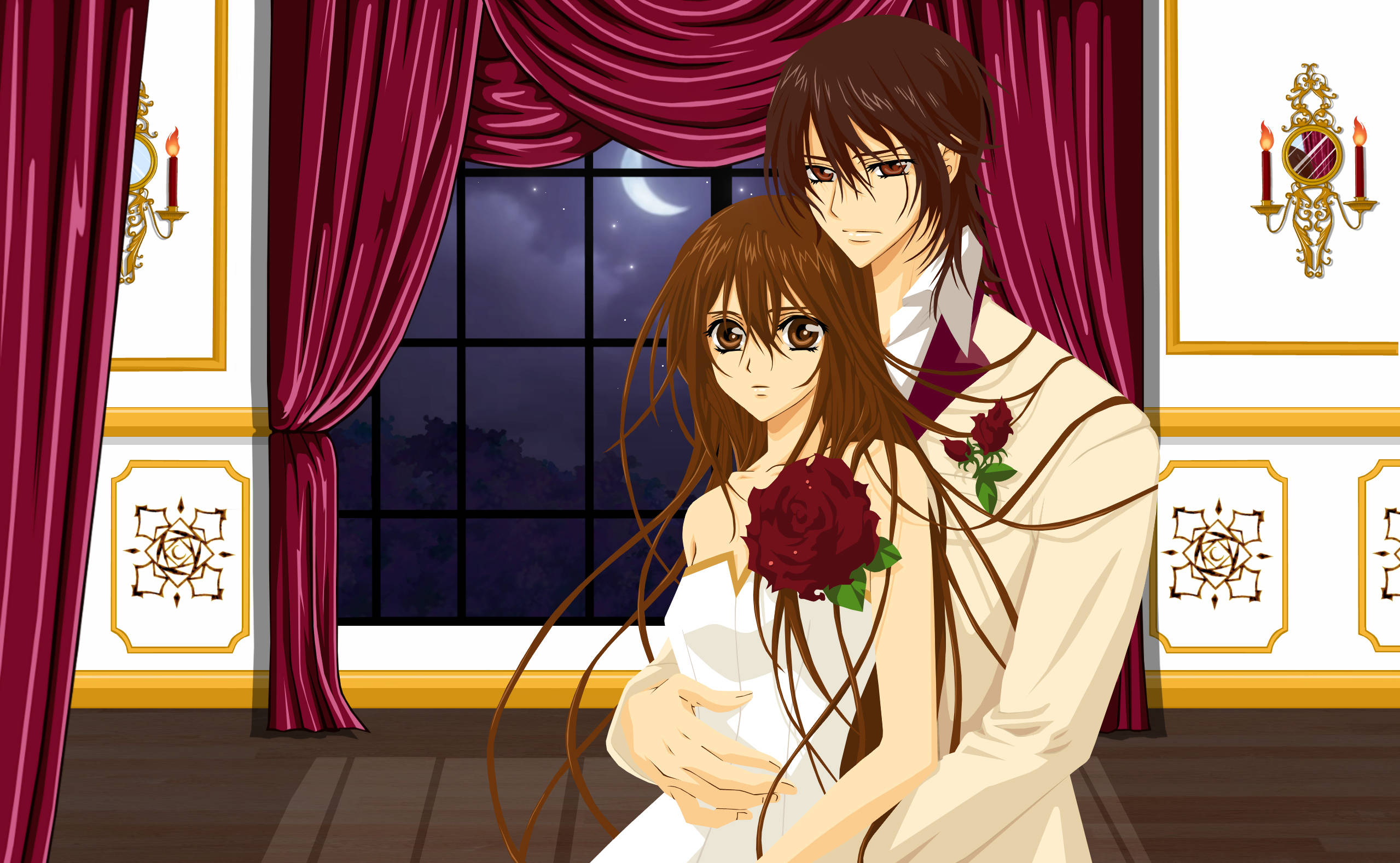 Vampire Knight 桌布 壁紙 — 一對浪漫的動漫情侶在一個裝飾華麗的房間裡擁抱，房間有紅色窗簾和月光照耀的窗戶。
