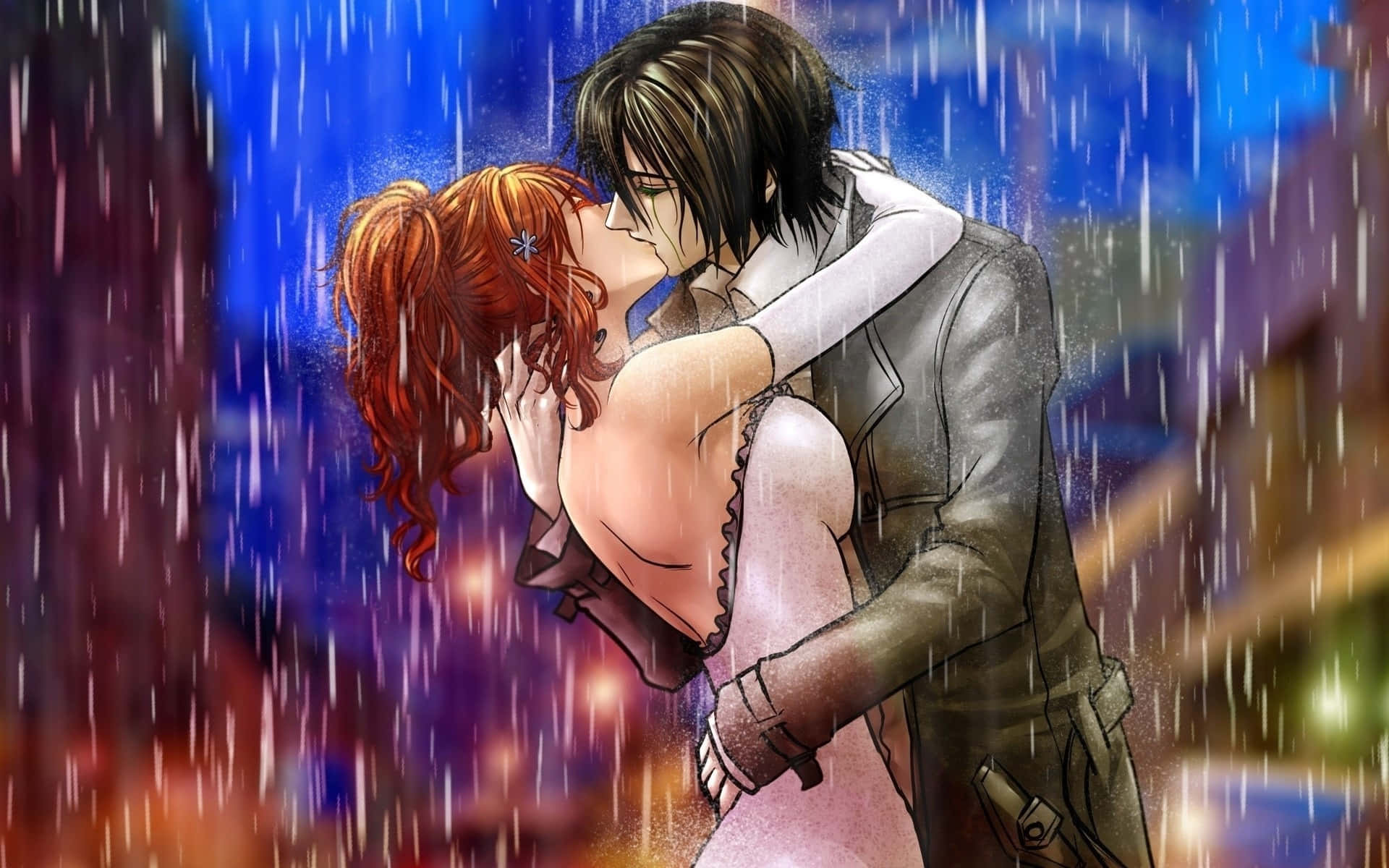 Love Kiss 桌布 壁紙 — 一對浪漫的動漫情侶在傾盆大雨中激情接吻，背景是閃爍的城市燈光。