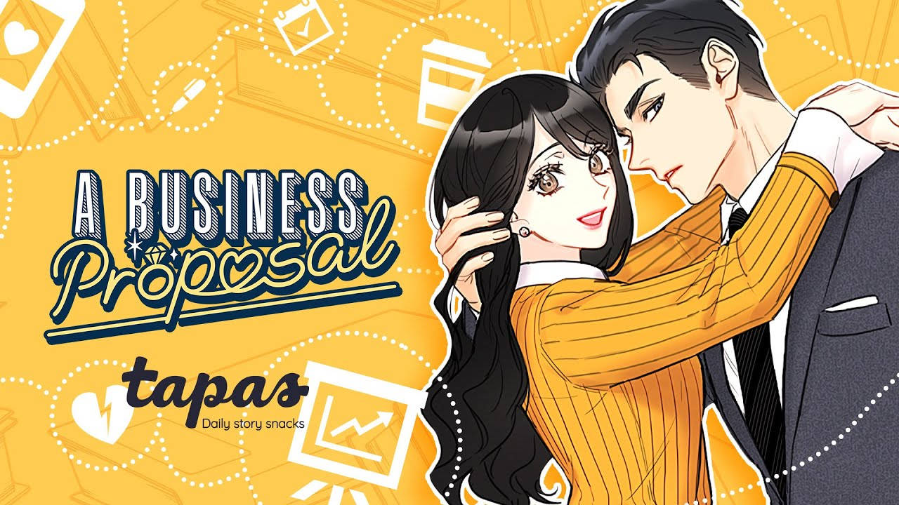 Proposal 桌布 壁紙 — 一對浪漫的動漫情侶在充滿商業主題圖標和標題「A Business Proposal」的鮮豔黃色背景前擁抱。