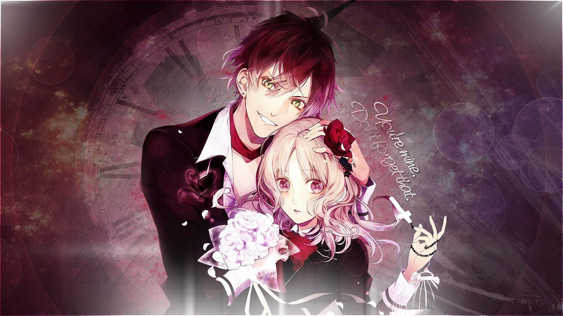 Kanato Sakamaki 桌布 壁紙 — 一對浪漫的動漫情侶在宇宙時鐘背景下擁抱，周圍有發光粒子和柔和紫色燈光。