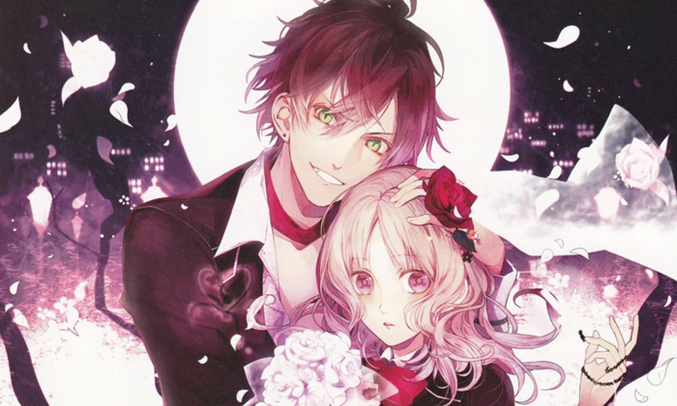 Diabolik Lovers 桌布 壁紙 — 一對浪漫的動漫情侶在閃耀的滿月下擁抱，玫瑰花瓣在夢幻般的紫色夜空中飄落。