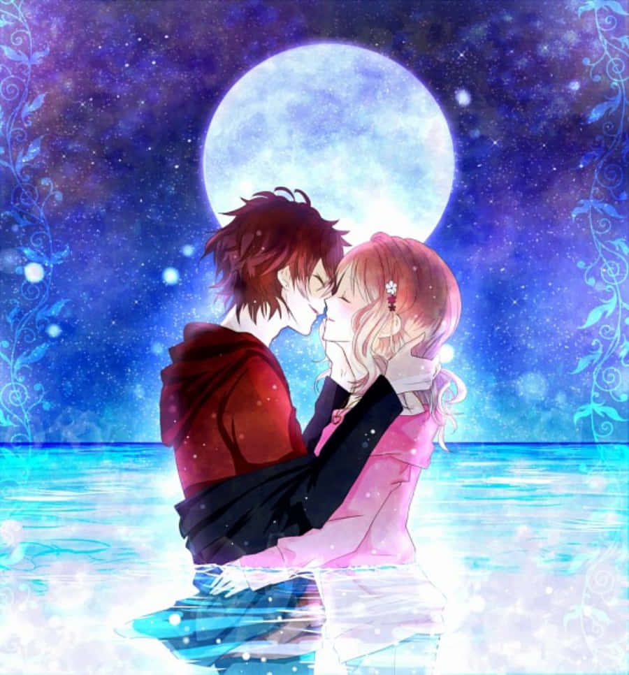 Diabolik Lovers 桌布 壁紙 — 一對浪漫的動漫情侶在閃閃發光的藍色水中倒映的滿月下接吻。
