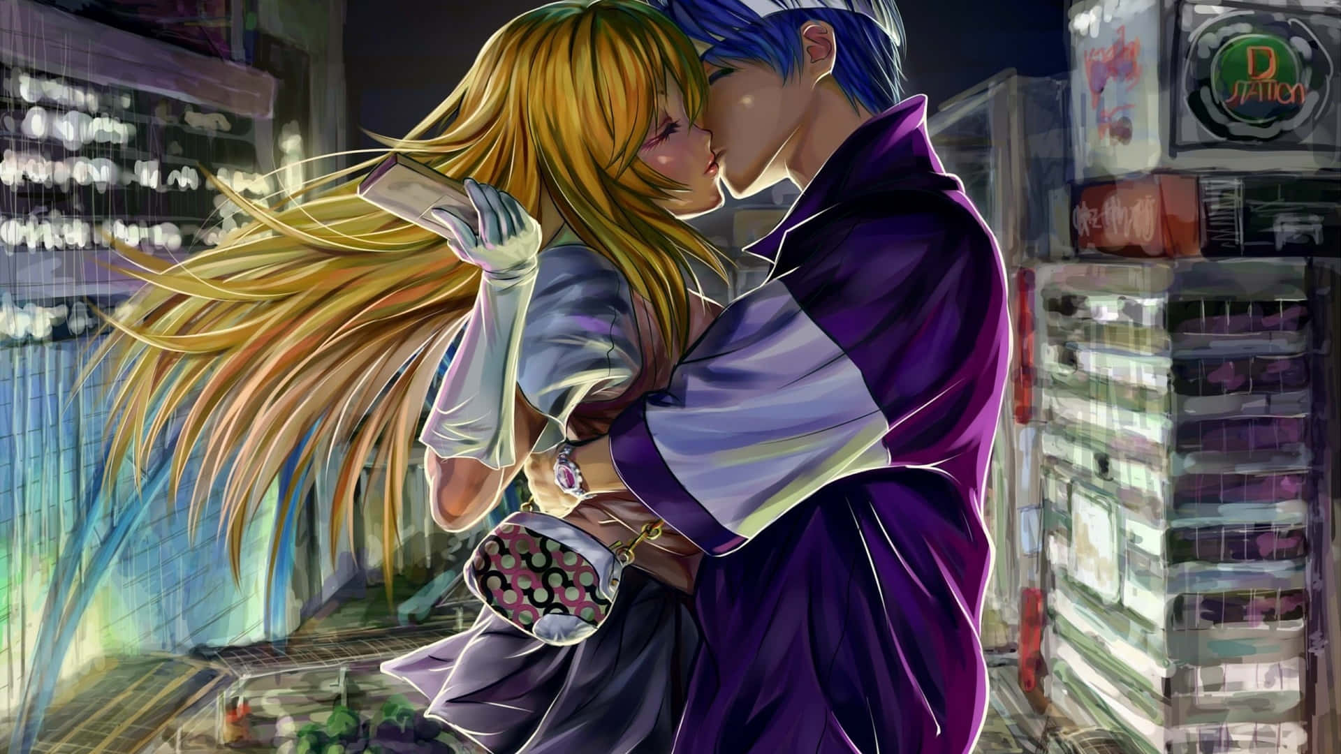 anime kiss 桌布 壁紙 — 一對浪漫的動漫情侶在雨中的城市小巷裡，在霓虹燈下熱情接吻。