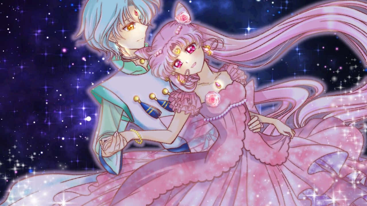 桌布 壁紙 — 一對浪漫的動漫情侶漂浮在閃爍的星空夜空中，女孩穿著飄逸的粉紅色長裙，男孩穿著青綠色的服裝。