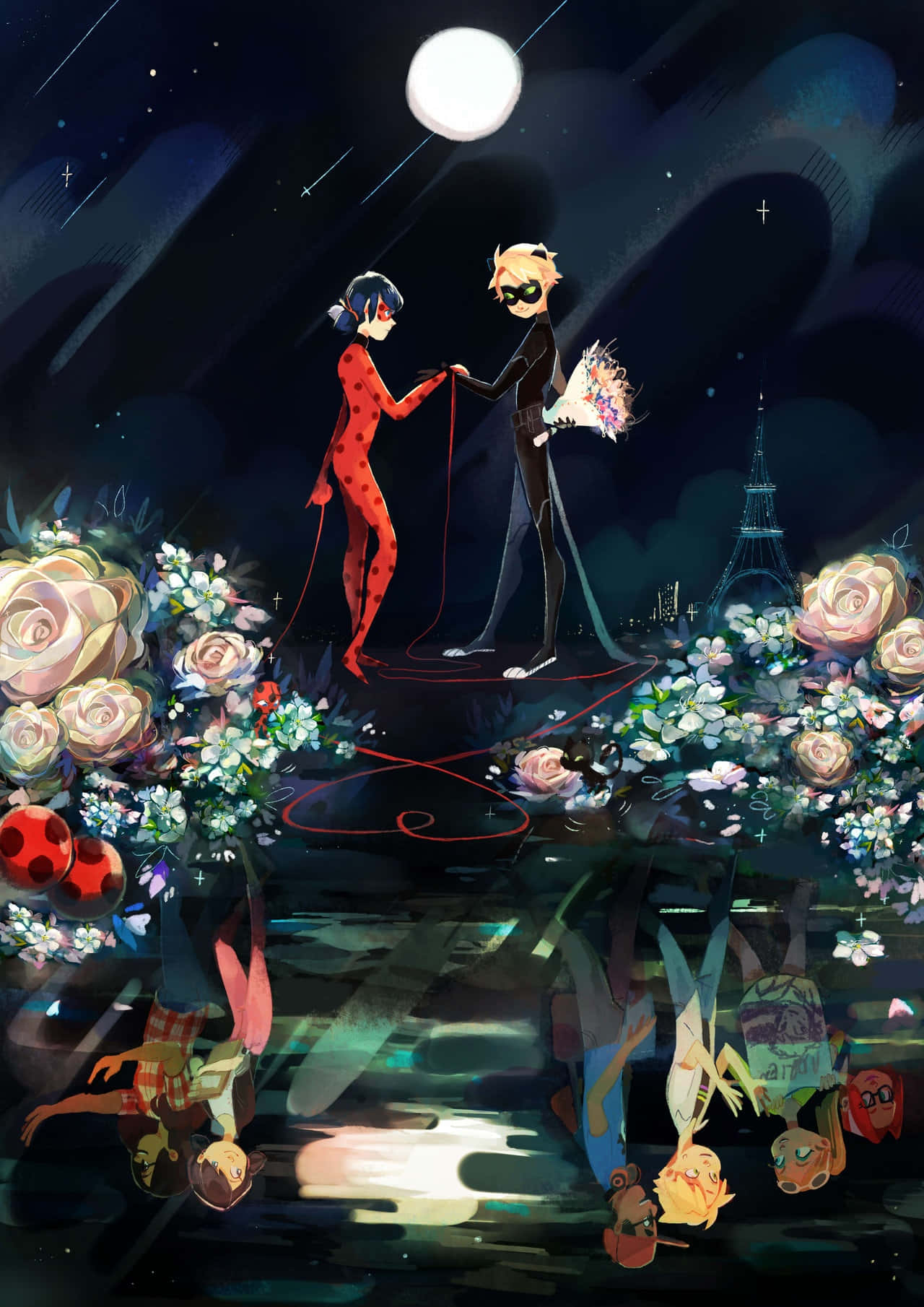 Miraculous 桌布 壁紙 — 一對浪漫的動漫情侶站在浮動的花卉平台上，背景是滿月和艾菲爾鐵塔。