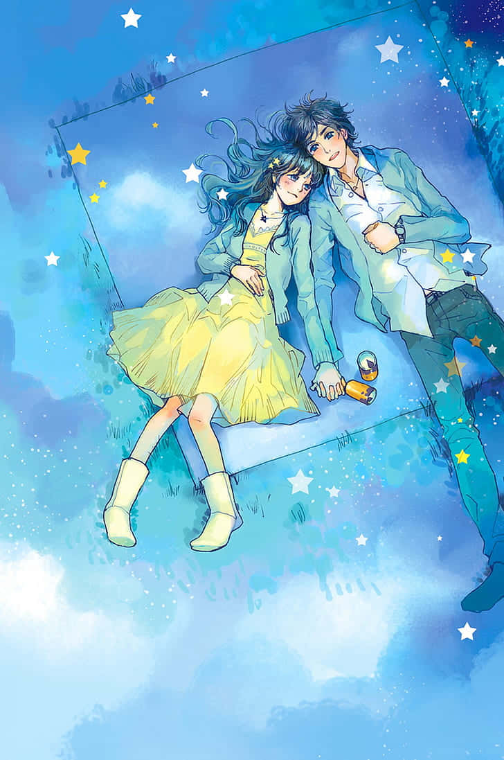 cute couple matching 桌布 壁紙 — 一對浪漫的動漫情侶躺在星光閃爍的藍色天空毯上，在充滿閃爍星星的夢幻夜空下放鬆。