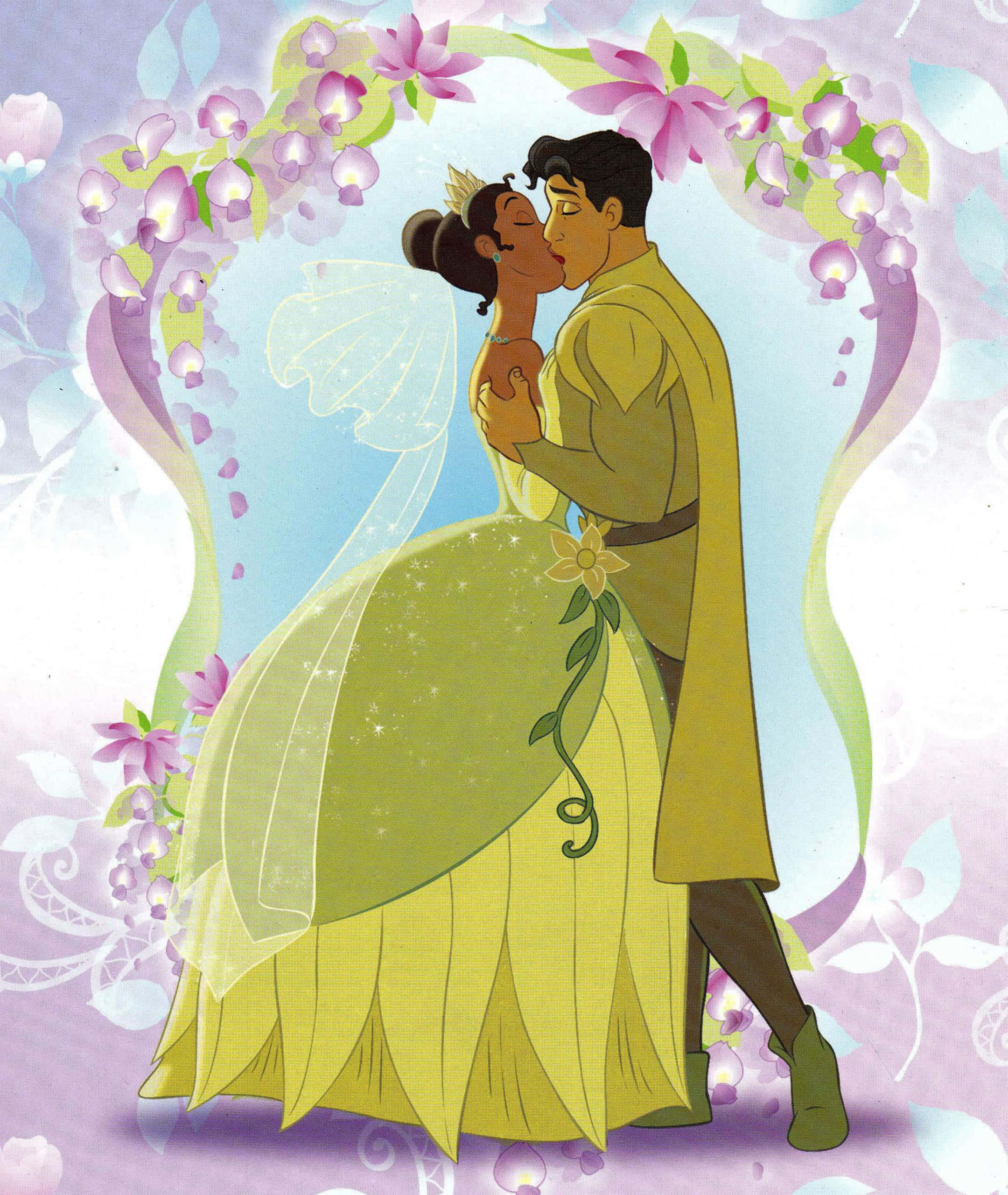 Princess Tiana 桌布 壁紙 — 一對浪漫的動畫情侶在一個帶有發光紫色花朵和柔和粉彩背景的花卉拱門下接吻。