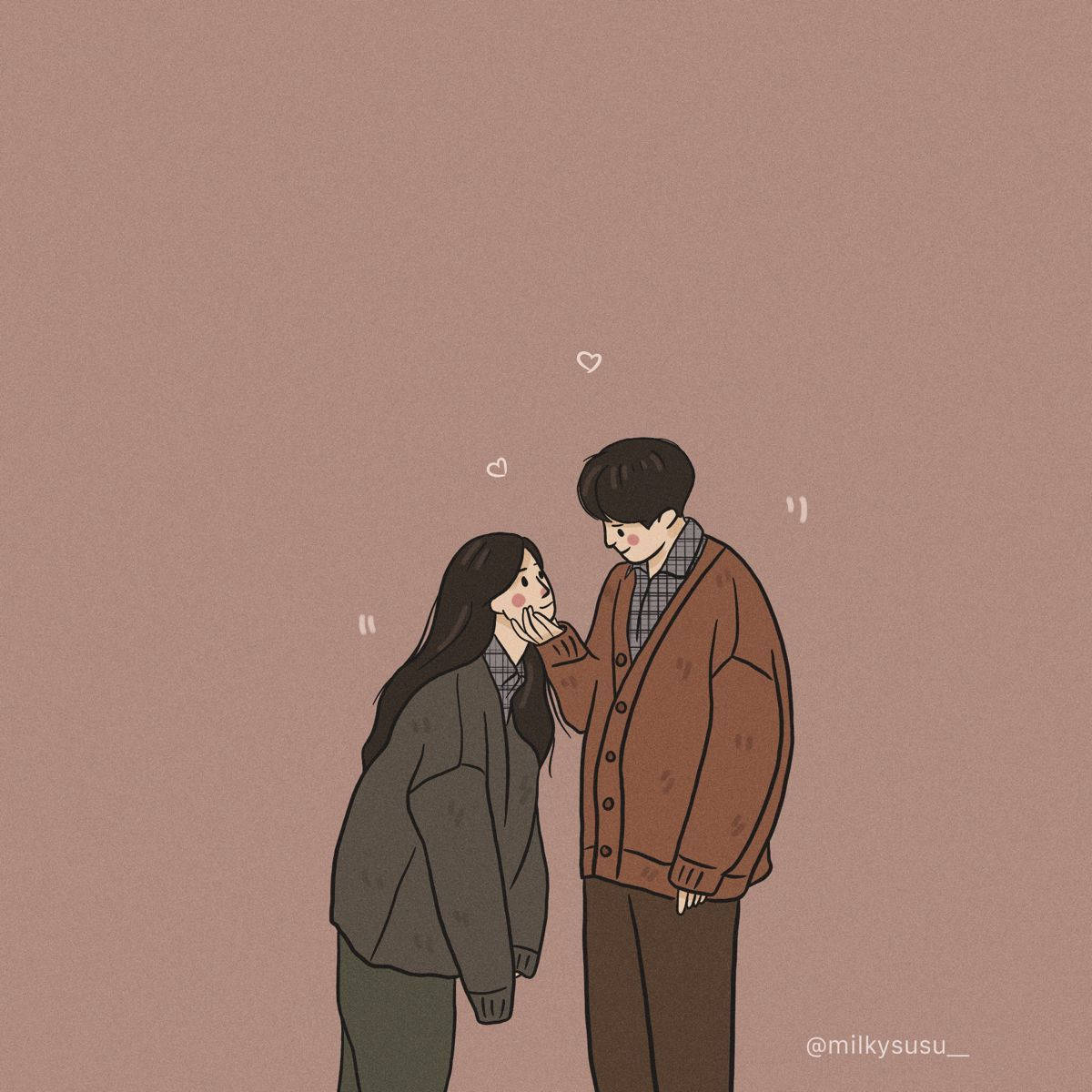 Cute Couple Cartoon 桌布 壁紙 — 一對溫柔插畫情侶在柔和棕色背景上，分享寧靜浪漫時刻，心形在他們上方飄浮。