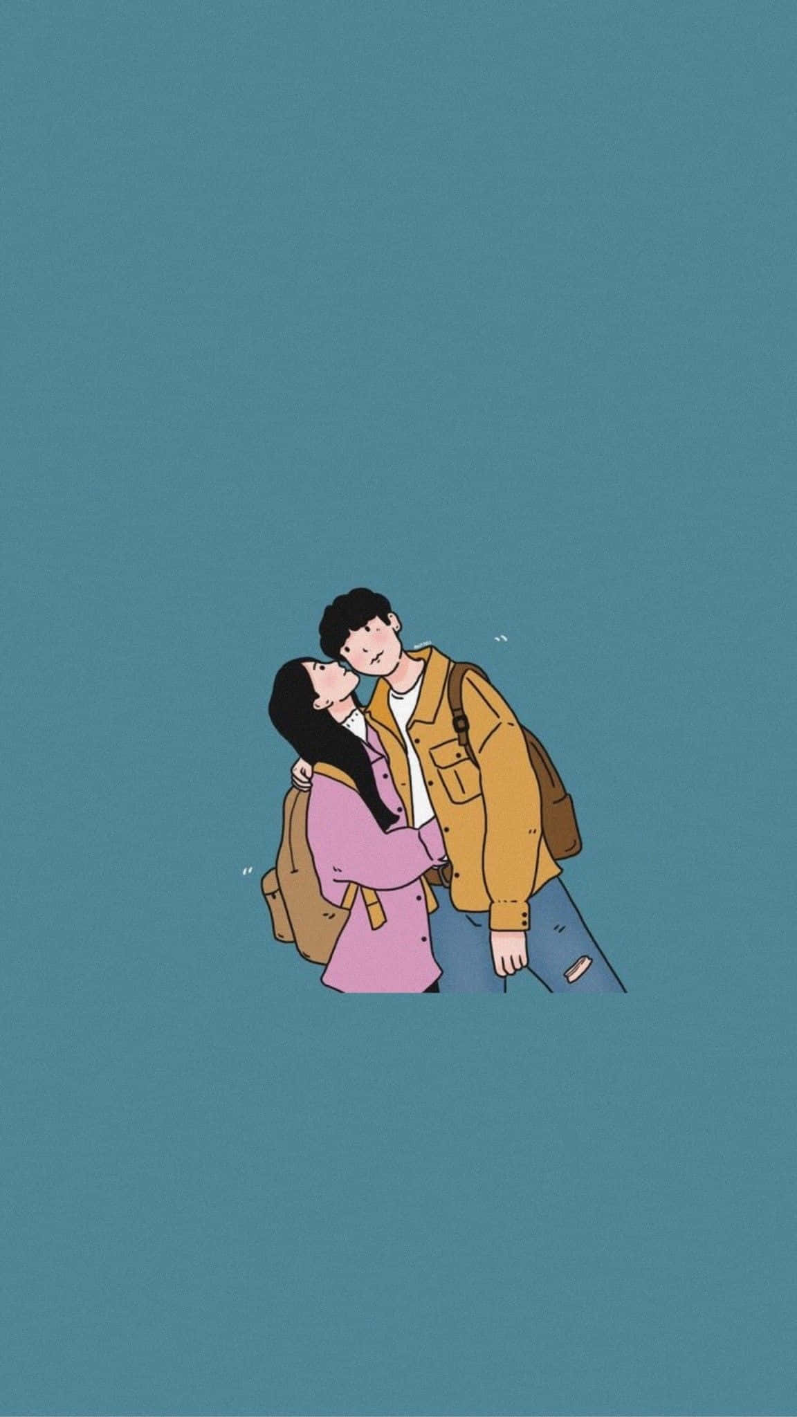 couple kiss 桌布 壁紙 — 一對溫柔插畫情侶在純色青綠色背景上擁抱，傳達安靜的愛意和年輕的浪漫。