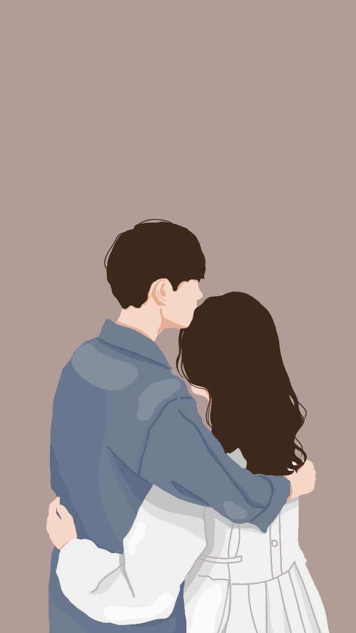 Hugging 桌布 壁紙 — 一對溫柔插畫風格的情侶在柔和灰褐色背景上輕輕擁抱。