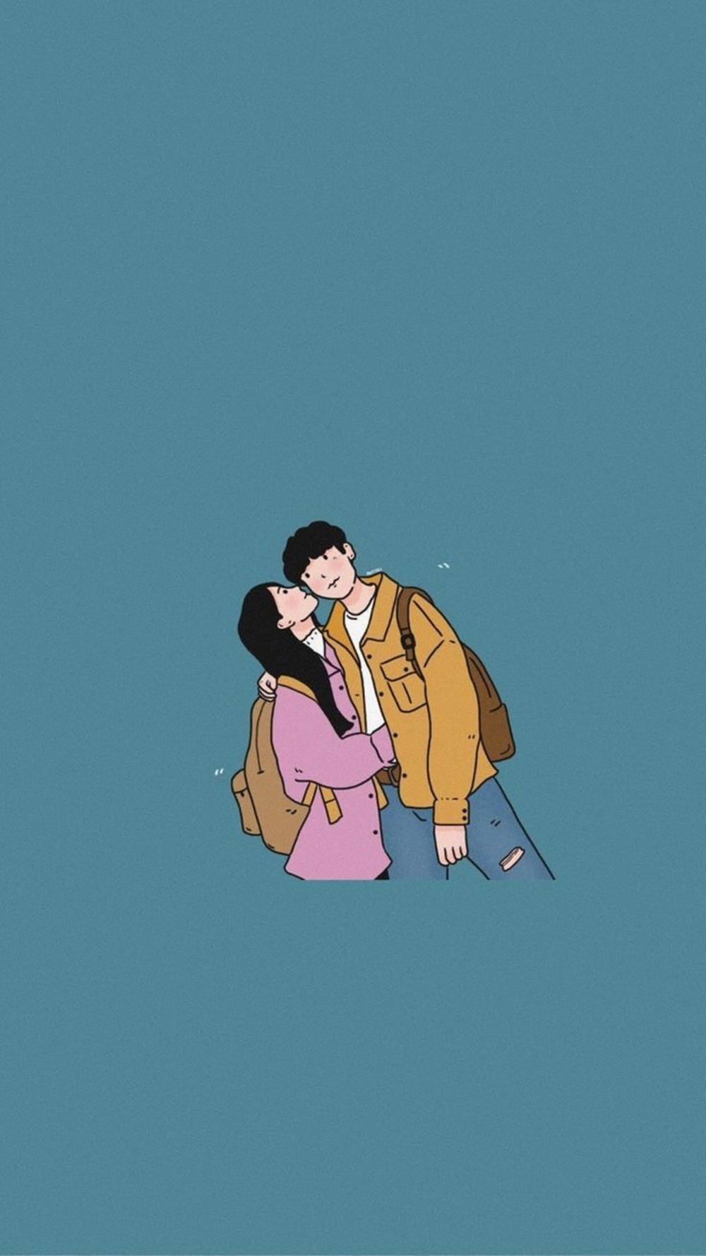 relationship love 桌布 壁紙 — 一對溫柔插畫風格的情侶在純青色背景上擁抱，傳達安靜的愛意與親密感。