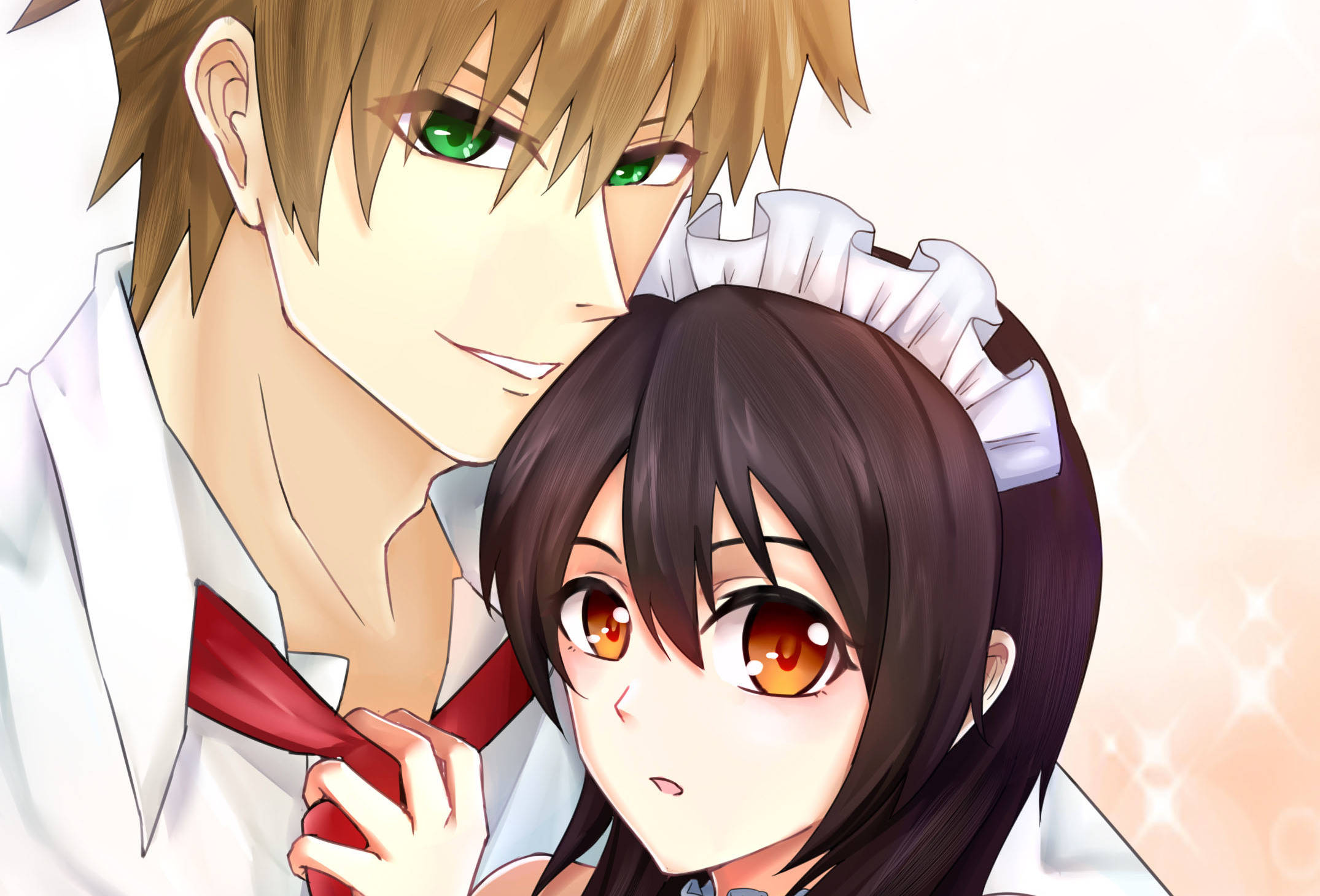 Maid Sama 桌布 壁紙 — 一對溫柔的動漫情侶，擁有綠色和琥珀色的眼睛，在柔和發光的背景下分享親密時刻。