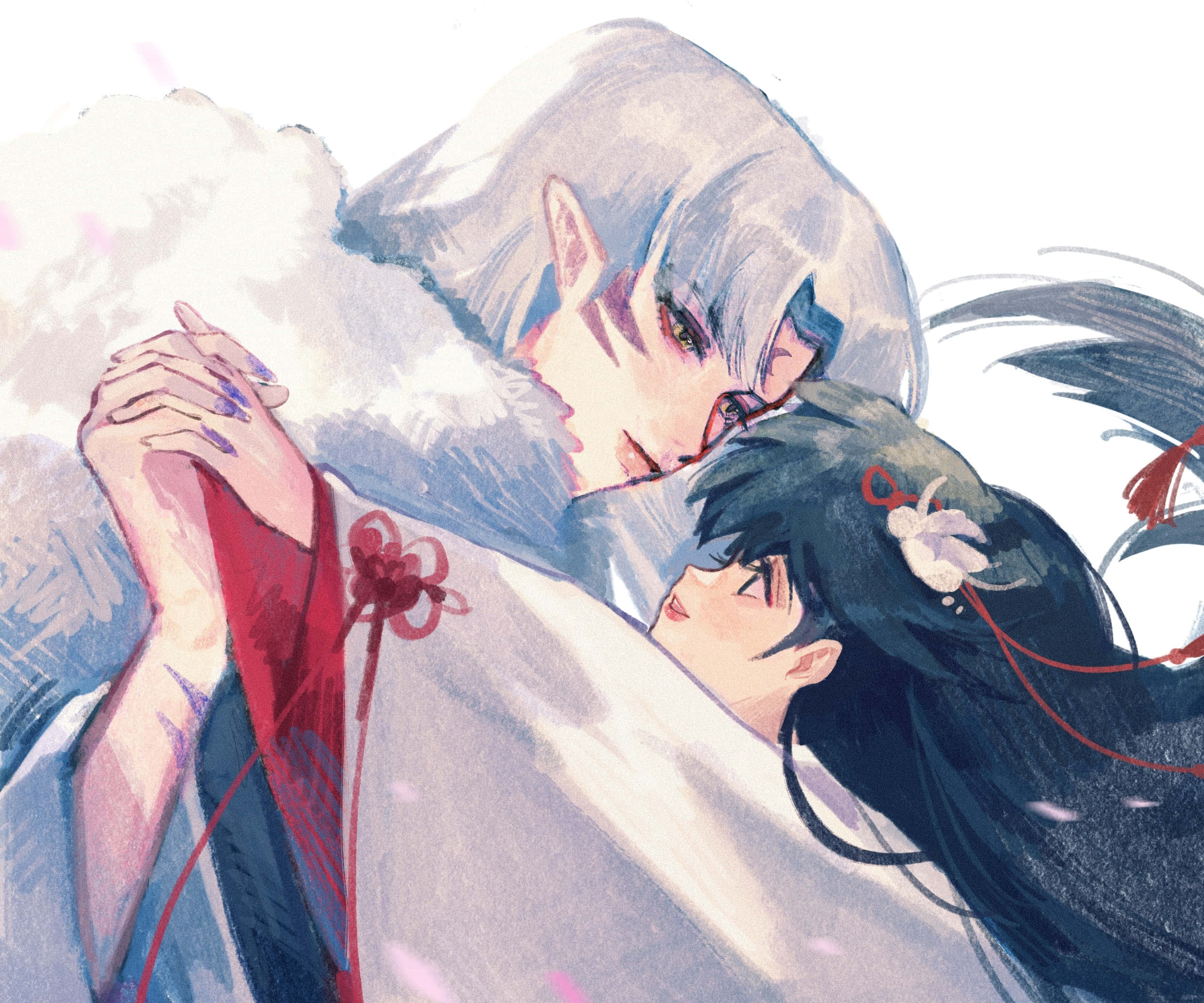 Inuyasha Kagura 桌布 壁紙 — 一對溫柔的動漫情侶以柔和粉彩色調擁抱，頭髮飄逸，表情溫柔。
