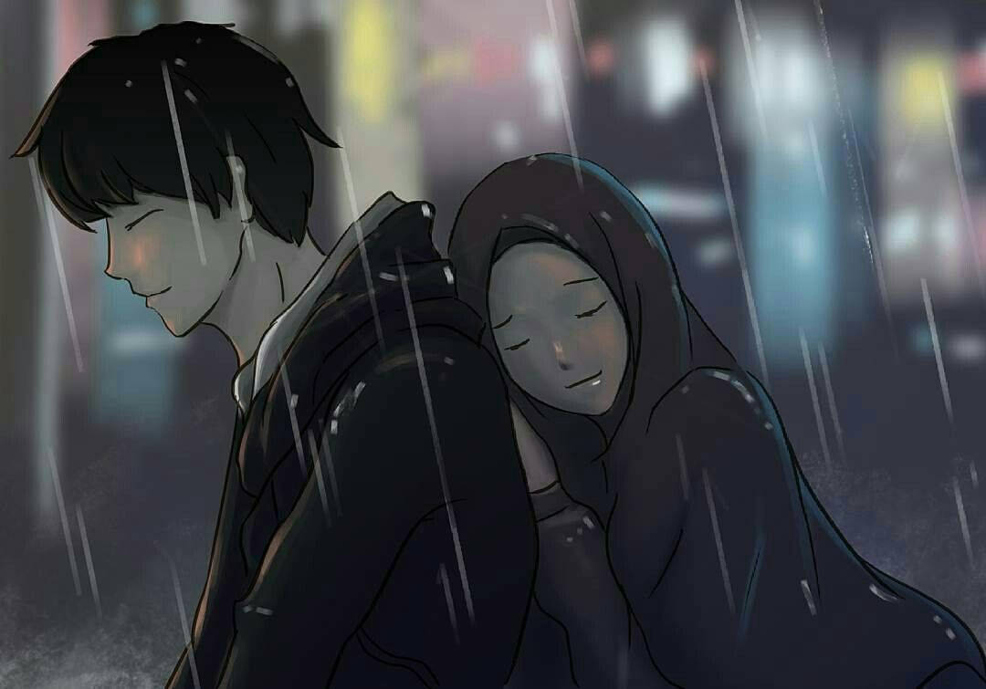 兩個動漫角色在夜晚的城市燈光下於雨中擁抱。 — 下雨 GIF 壁紙