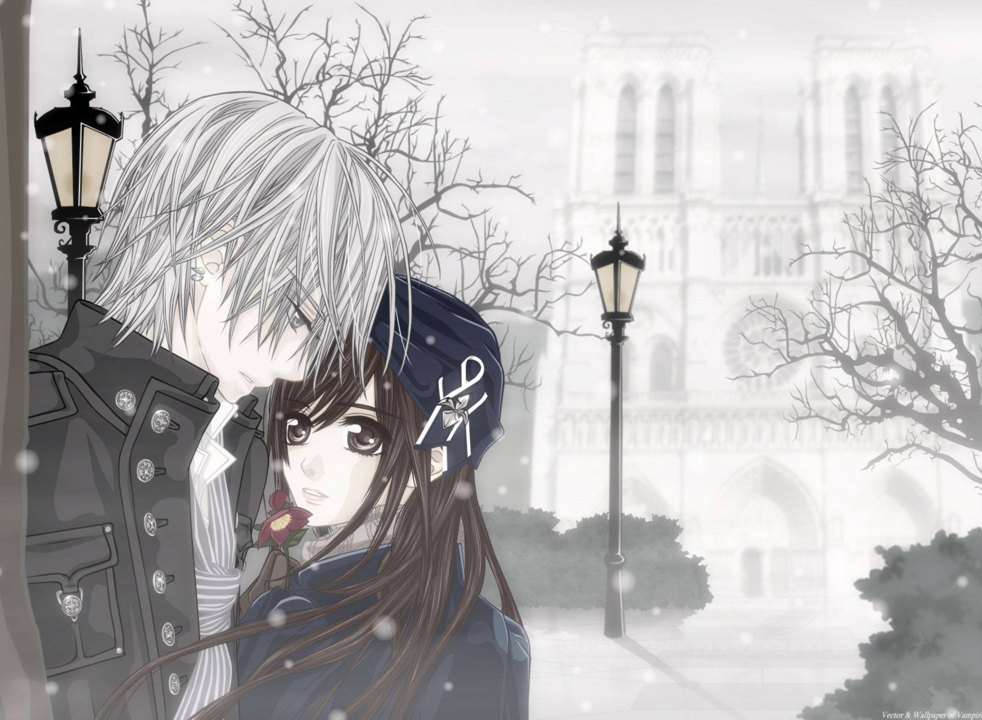 Love Anime 桌布 壁紙 — 一對溫柔的動漫情侶在巴黎聖母院附近的飄雪中擁抱，構成單色冬季場景。