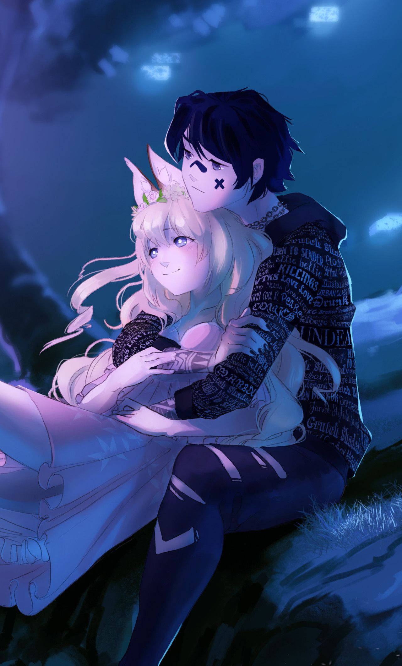 Hugging 桌布 壁紙 — 一對溫柔的動漫情侶在帶有發光漂浮燈光的憂鬱藍色夜空下擁抱。