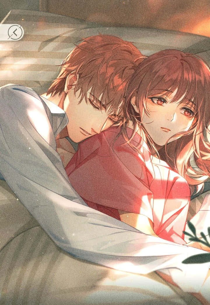 anime profile 桌布 壁紙 — 一對溫柔的動漫情侶在床上休息，沐浴在透過百葉窗過濾的溫暖金色陽光中。