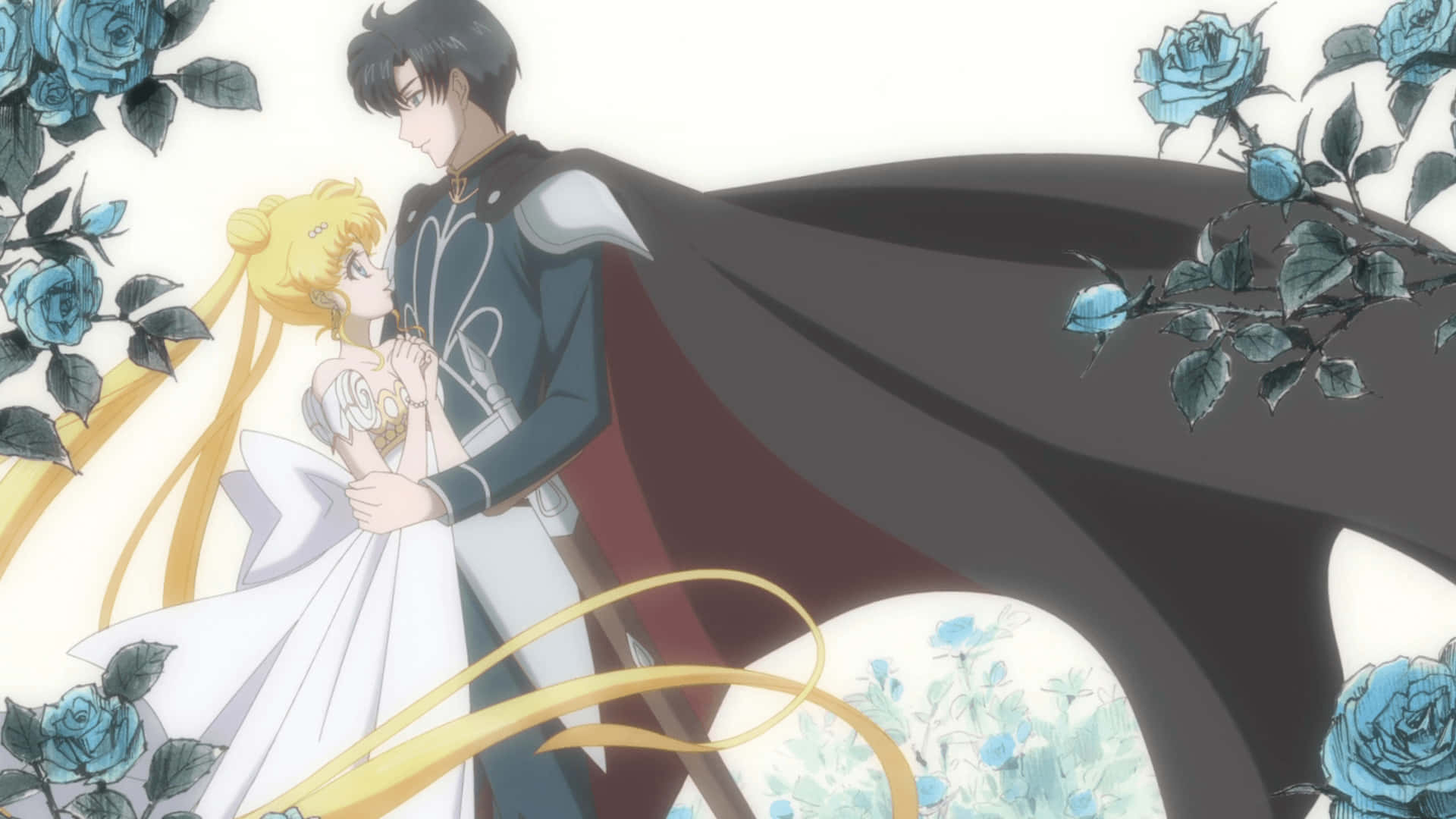 sailor moon crystal 桌布 壁紙 — 一對溫柔的動漫情侶在旋轉的藍玫瑰和飄逸的斗篷中擁抱，背景是柔和的白色。