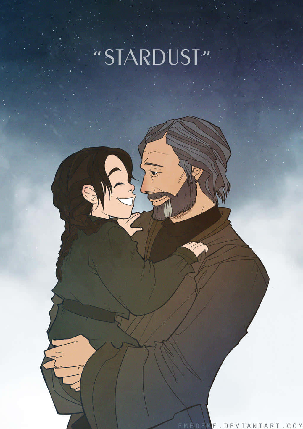 Father And Daughter 桌布 壁紙 — 一對溫柔的動漫情侶在星空下擁抱，上方有「STARDUST」字樣。