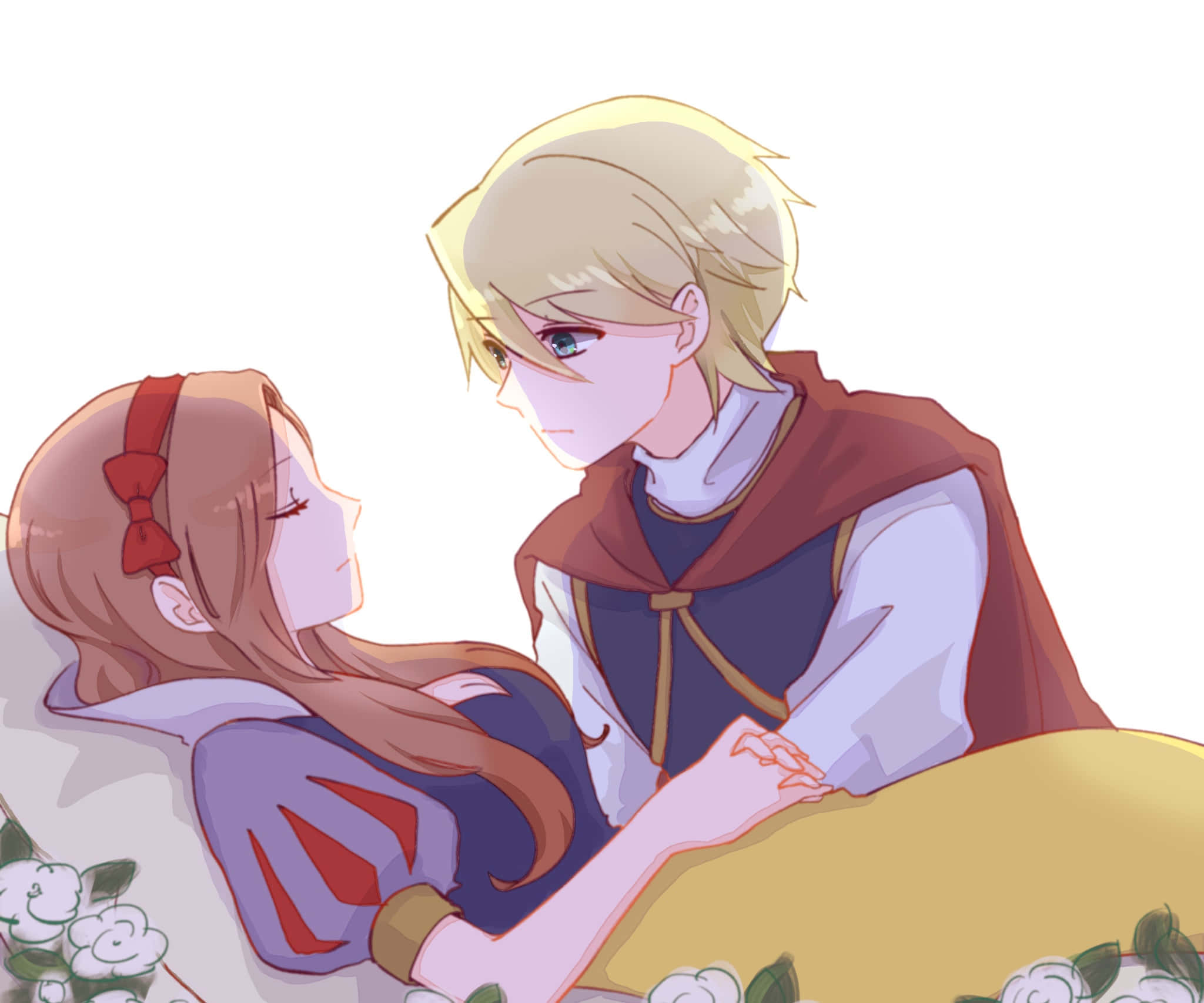 My Next Life As A Villainess All Routes Lead To Doom 桌布 壁紙 — 一對溫柔的動漫情侶在柔和燈光與花卉點綴下共享寧靜時刻。