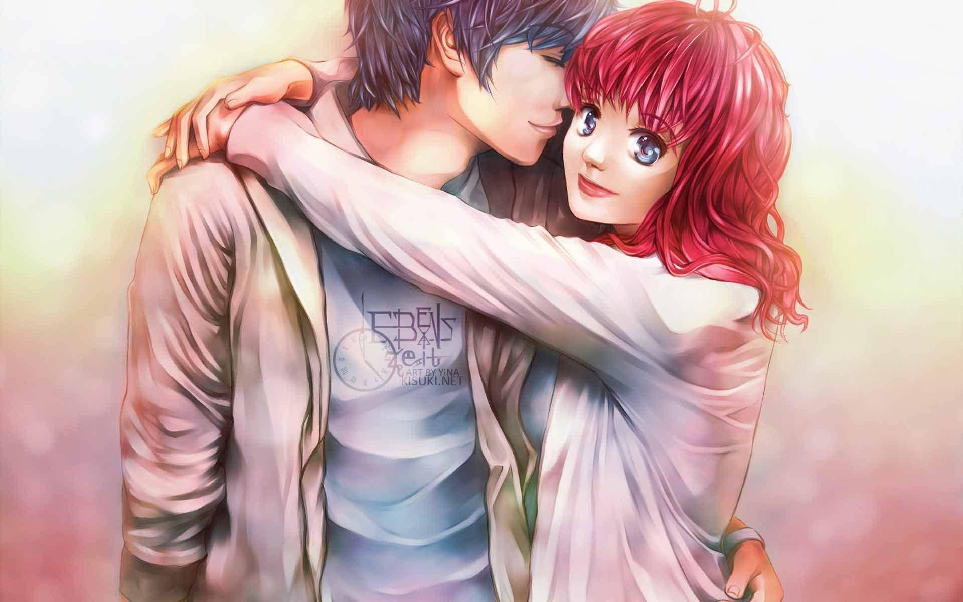 anime kiss 桌布 壁紙 — 一對溫柔的動漫情侶在柔和發光的粉彩背景中溫暖地擁抱。