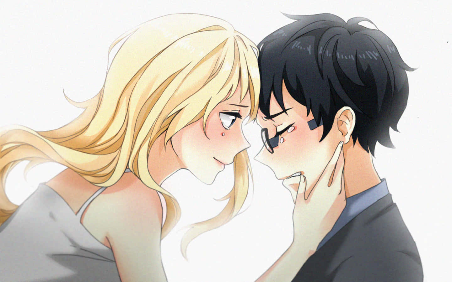 Your Lie In April 桌布 壁紙 — 一對溫柔的動漫情侶在柔和的白色背景前分享親密時刻，臉頰泛紅，表情溫柔。