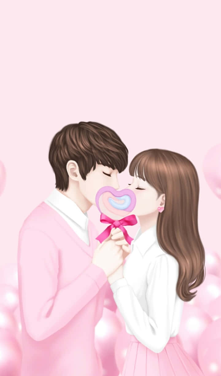 Couples 桌布 壁紙 — 一對溫柔的動漫情侶在柔和的粉紅色氣球背景前分享一個心形棒棒糖。
