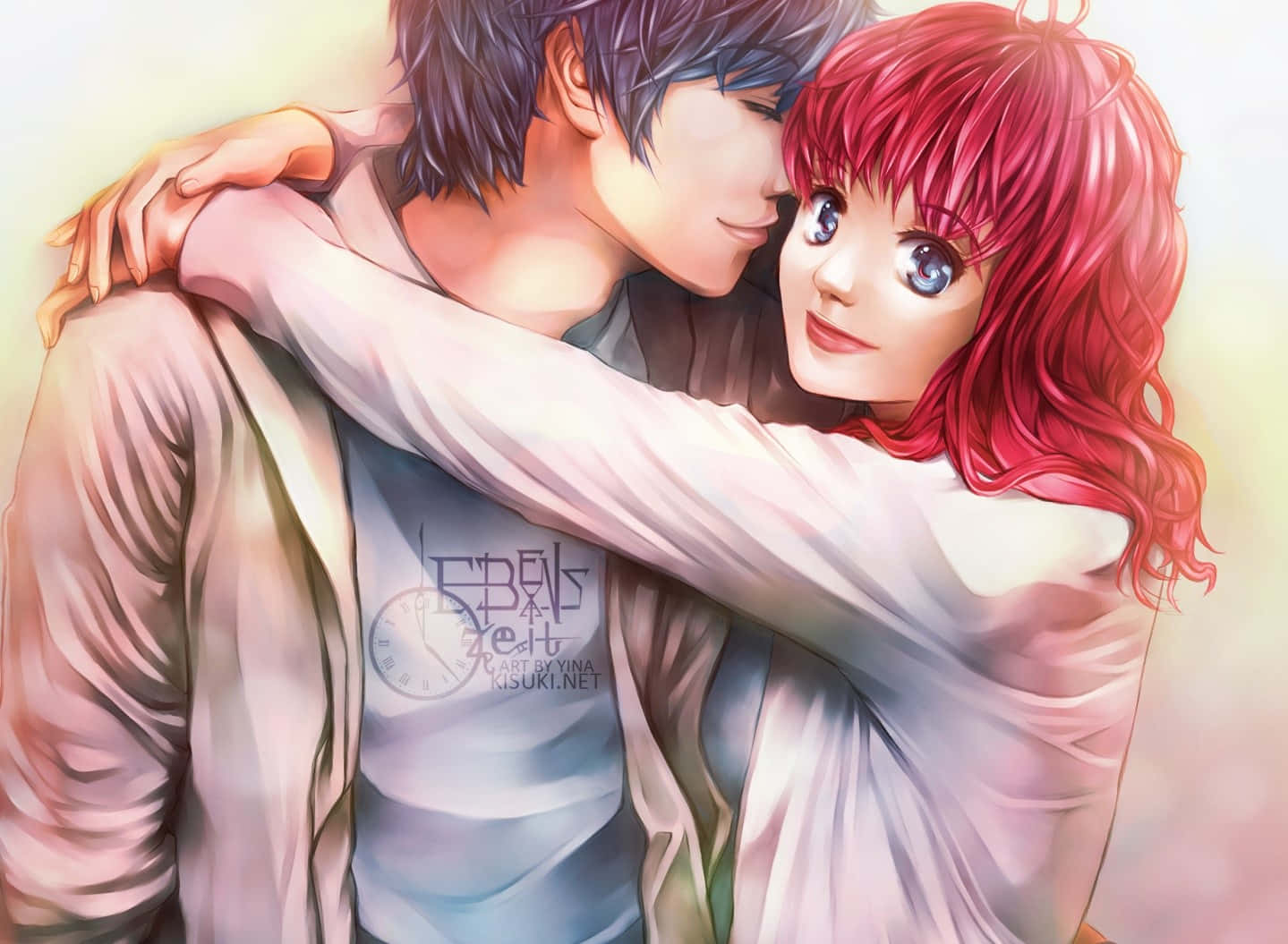 Lovers 桌布 壁紙 — 一對溫柔的動漫情侶在柔和粉彩燈光下溫暖擁抱，突顯他們的深情時刻。
