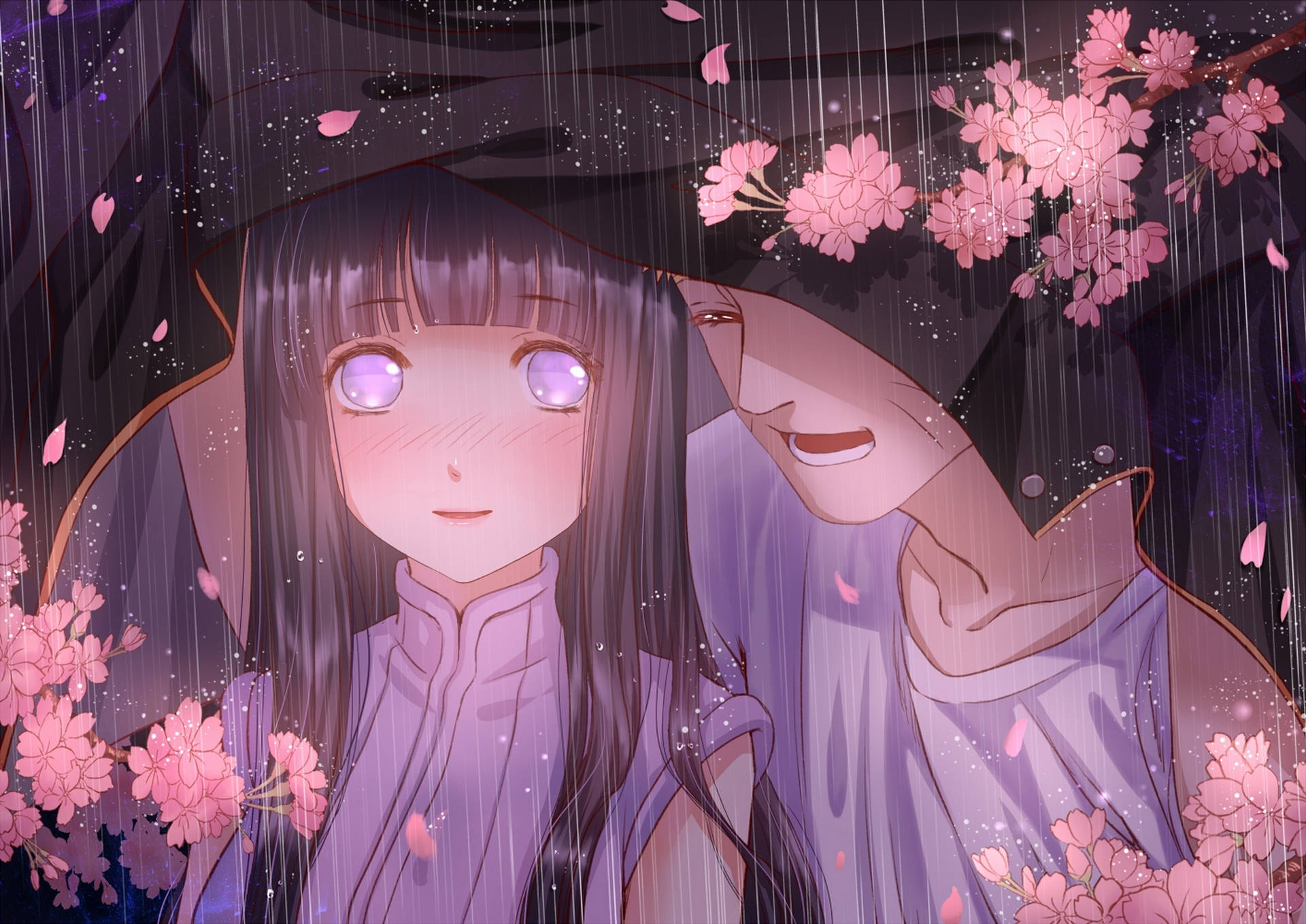 日向 桌布 壁紙 — 一對溫柔的動漫情侶在櫻花和雨中共享一把傘，眼睛發光，帶有柔和的紫色調。