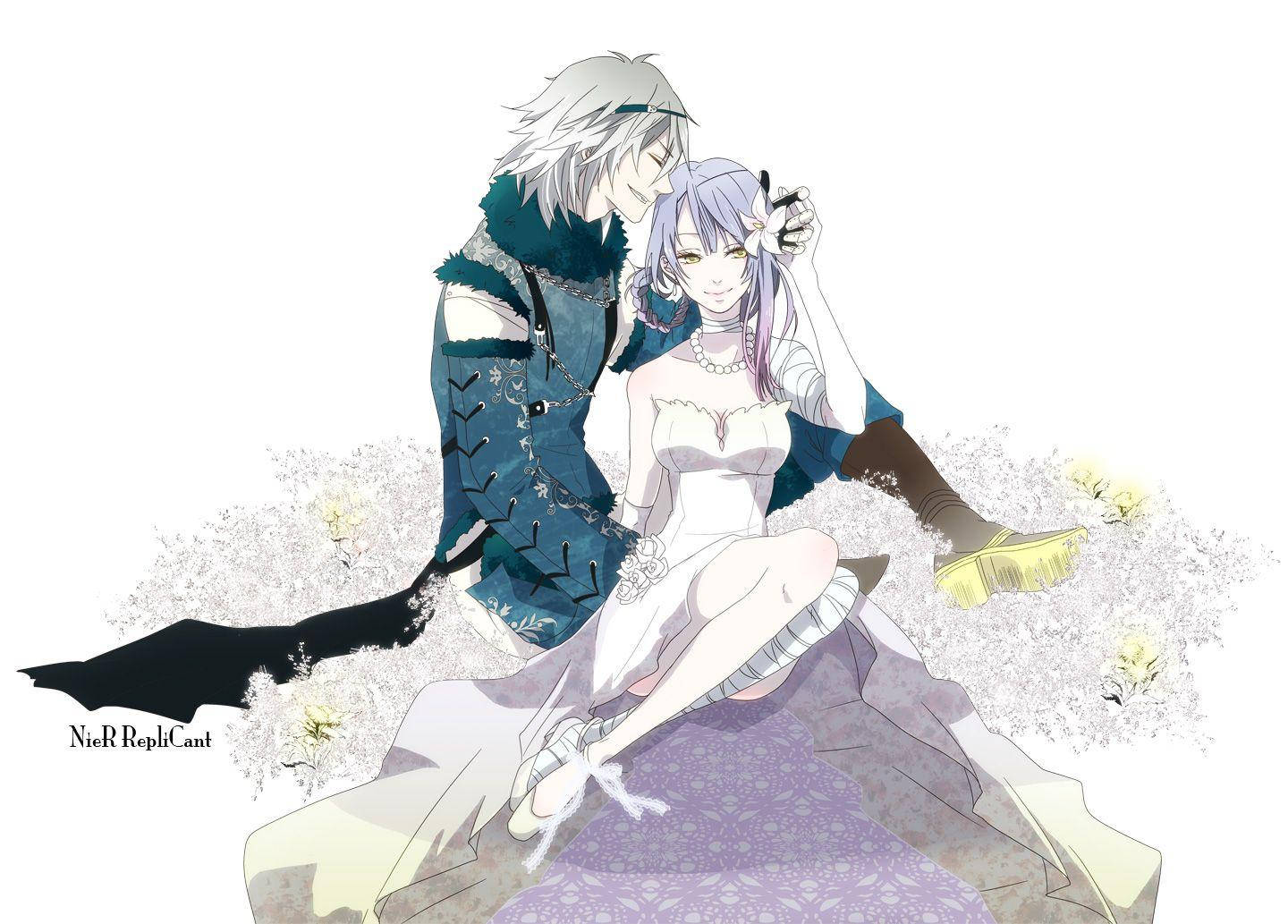 Nier 桌布 壁紙 — 一對溫柔的動漫情侶在發光的花瓣中擁抱，帶有柔和的粉彩和細膩的筆觸。