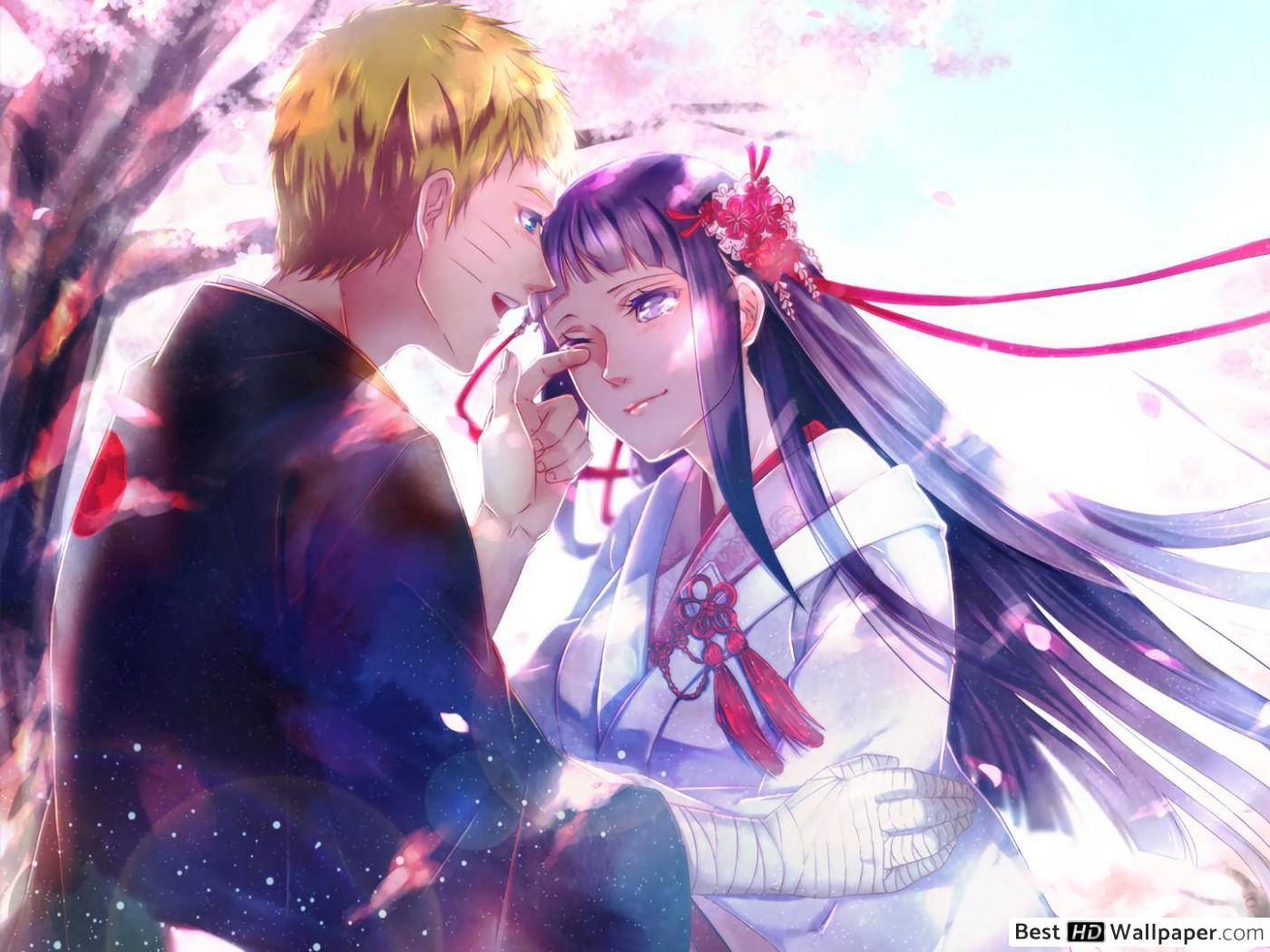 Hinata Hyuga 桌布 壁紙 — 一對溫柔的動漫情侶在盛開的櫻花下分享寧靜時刻，帶有柔和的粉紅和紫色調。