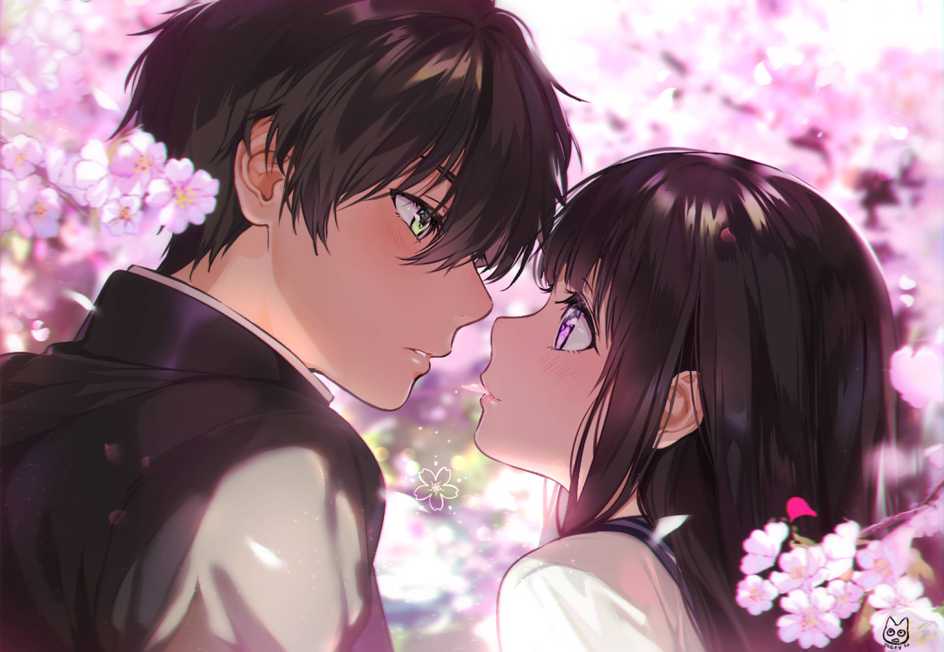 Hyouka 桌布 壁紙 — 一對溫柔的動漫情侶在盛開的粉紅色櫻花樹下分享親密時刻。