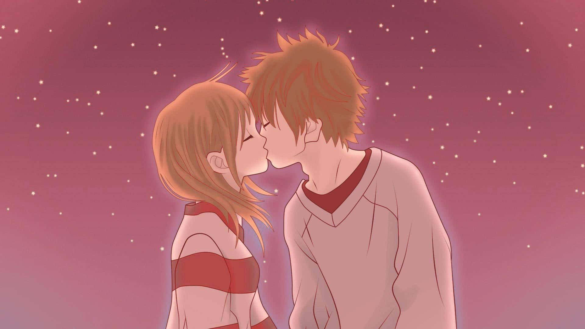 anime kiss 桌布 壁紙 — 一對溫柔的動漫情侶在繁星點點的粉紅色天空下接吻，帶有柔和發光的輪廓。