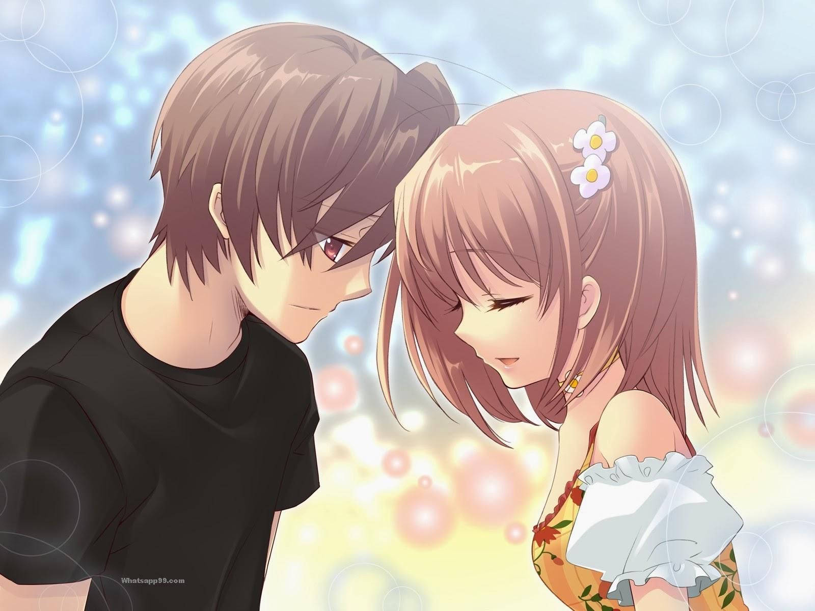Cute Couple Cartoon 桌布 壁紙 — 一對溫柔的動漫情侶在背景中柔和發光的散景燈光下共享寧靜時刻。
