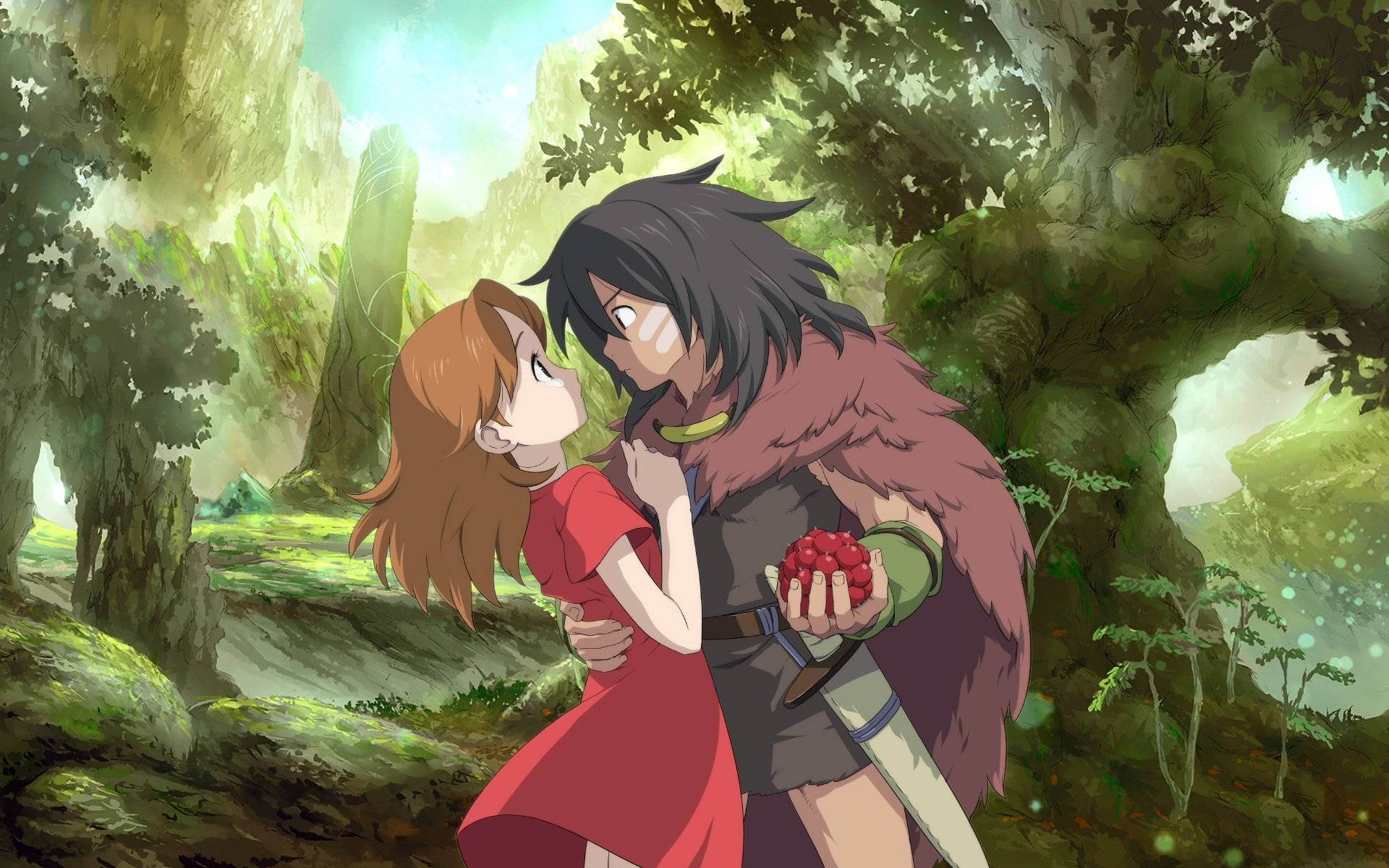 Arrietty 桌布 壁紙 — 一對溫柔的動漫情侶在茂密的綠色森林中擁抱，樹木長滿苔蘚，柔和陽光穿過樹冠灑落。