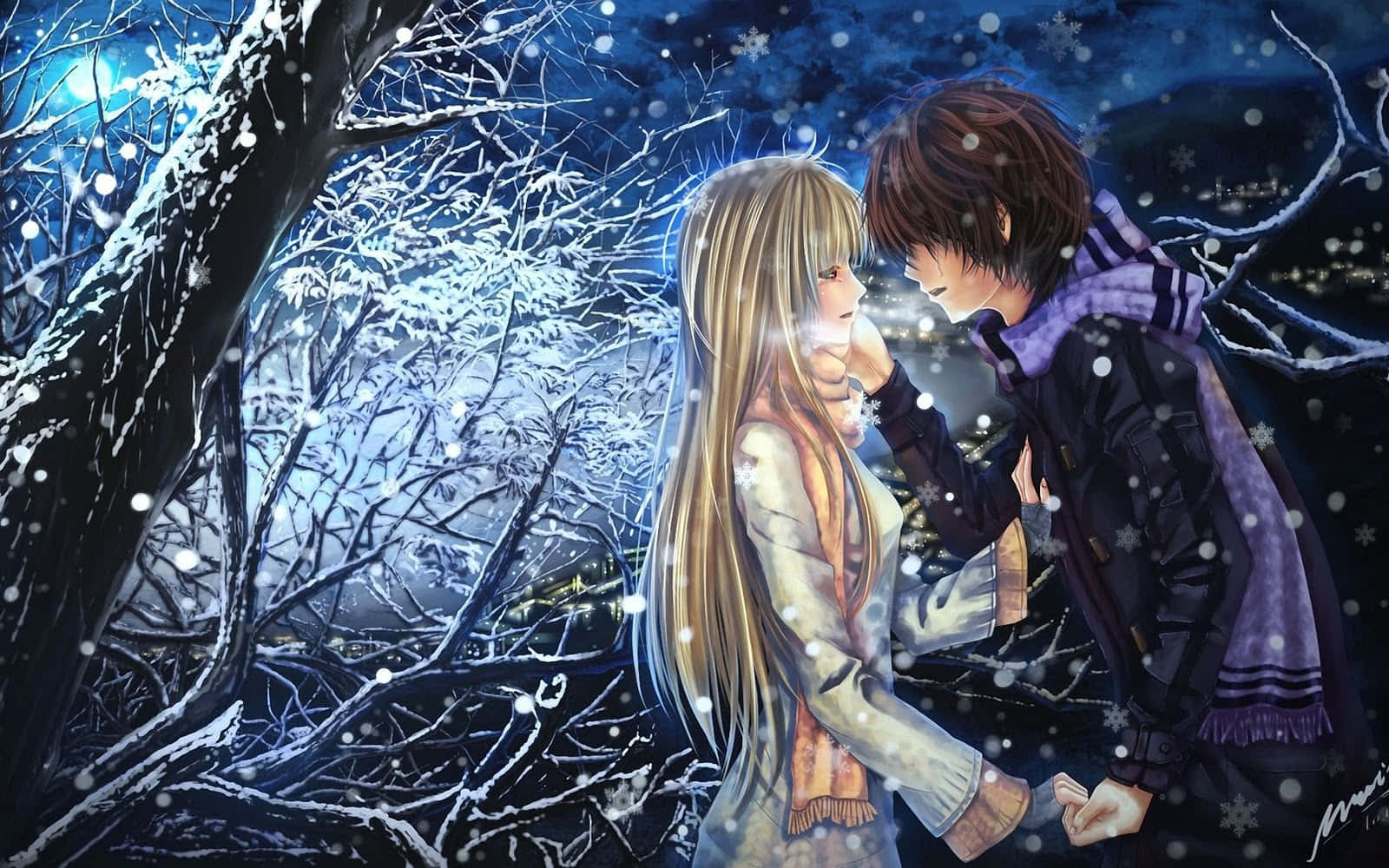 動漫 桌布 壁紙 — 一對溫柔的動漫情侶在雪夜中，在光禿的冬季樹木下擁抱，雪花飄落。