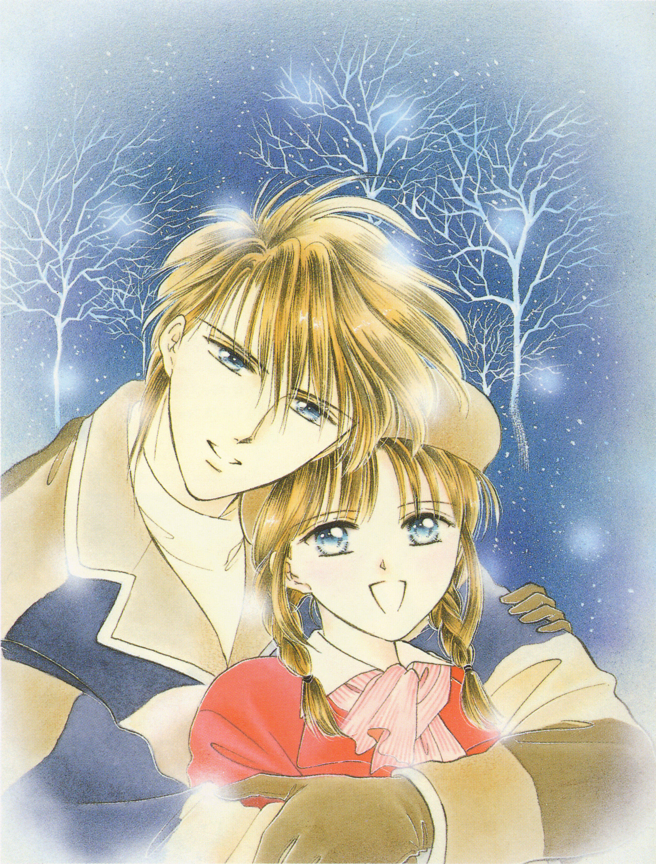Fushigi Yuugi 桌布 壁紙 — 一對溫柔的動漫情侶在雪夜天空下擁抱，身後有發光的樹木。
