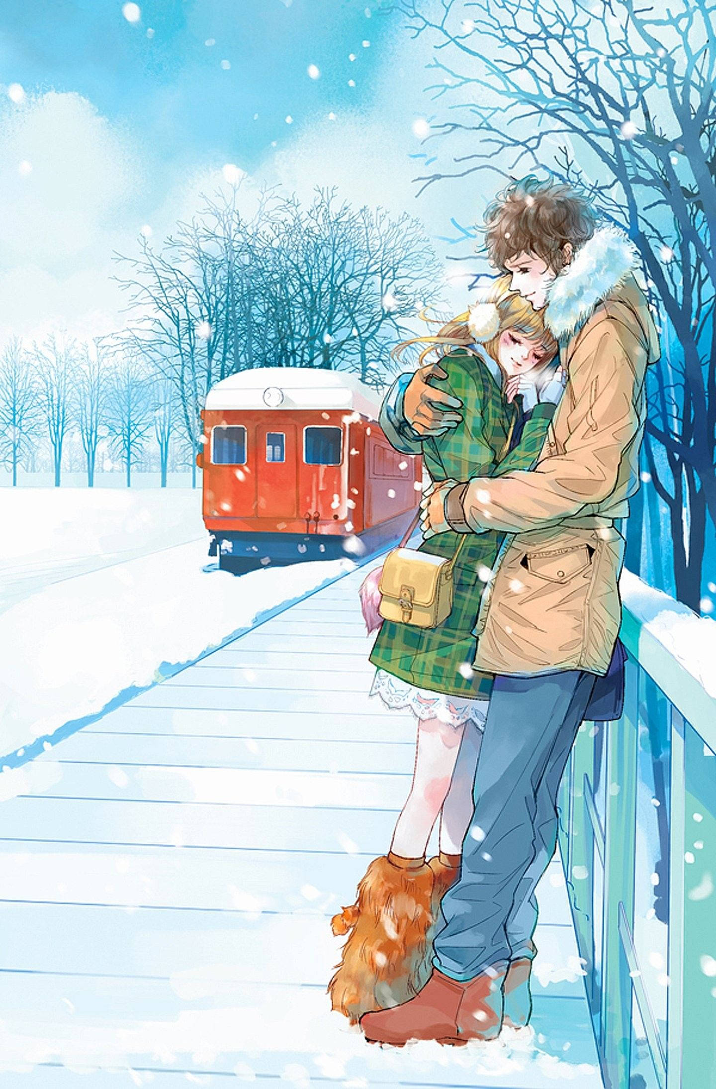 Love Anime 桌布 壁紙 — 一對溫柔的動漫情侶在雪橋上擁抱，一列紅色火車在明亮的藍天下駛過。