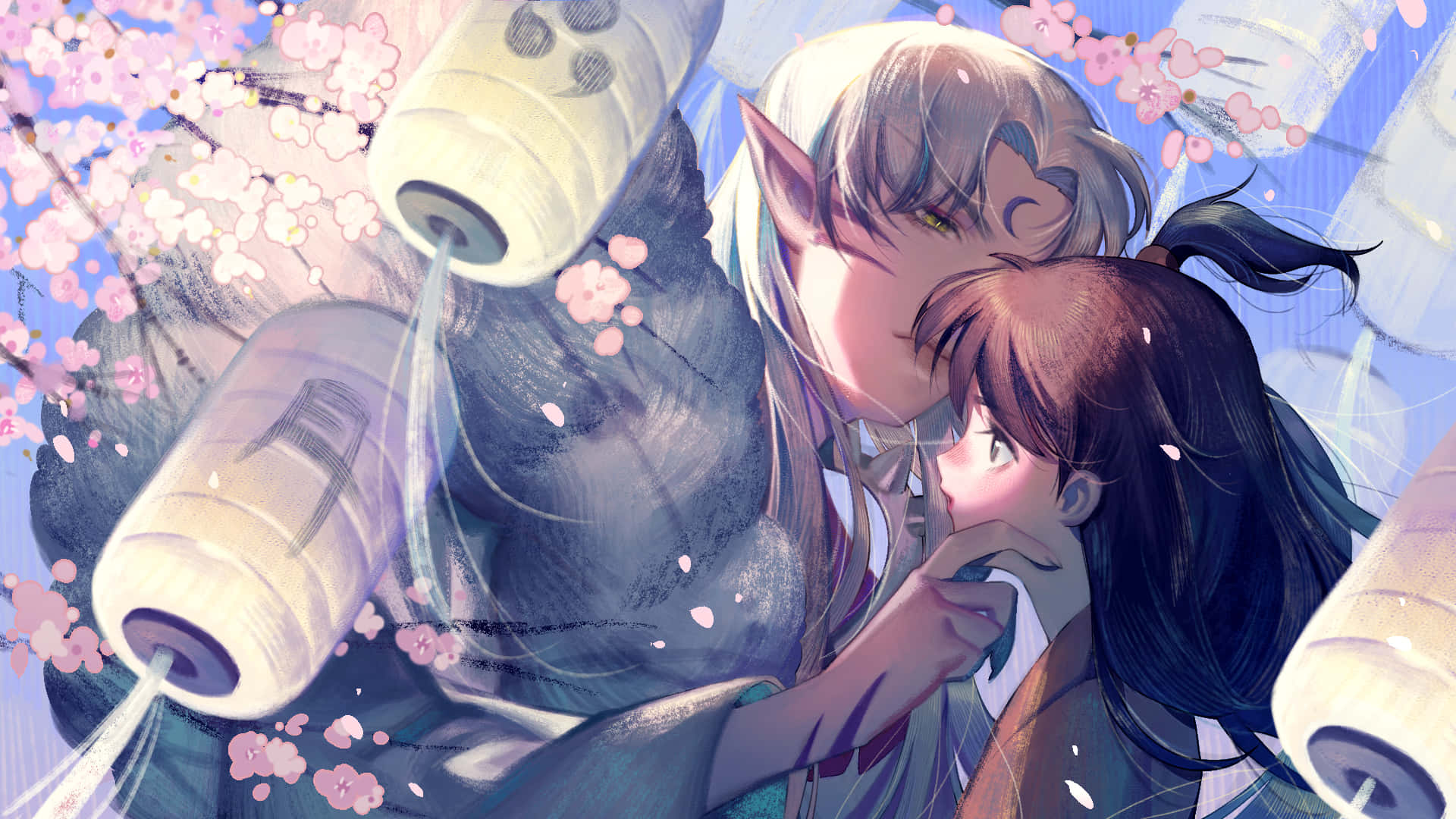 Inuyasha And Rin 桌布 壁紙 — 一對溫柔的動漫情侶在飄落的櫻花下擁抱，周圍漂浮著發光的紙燈籠。