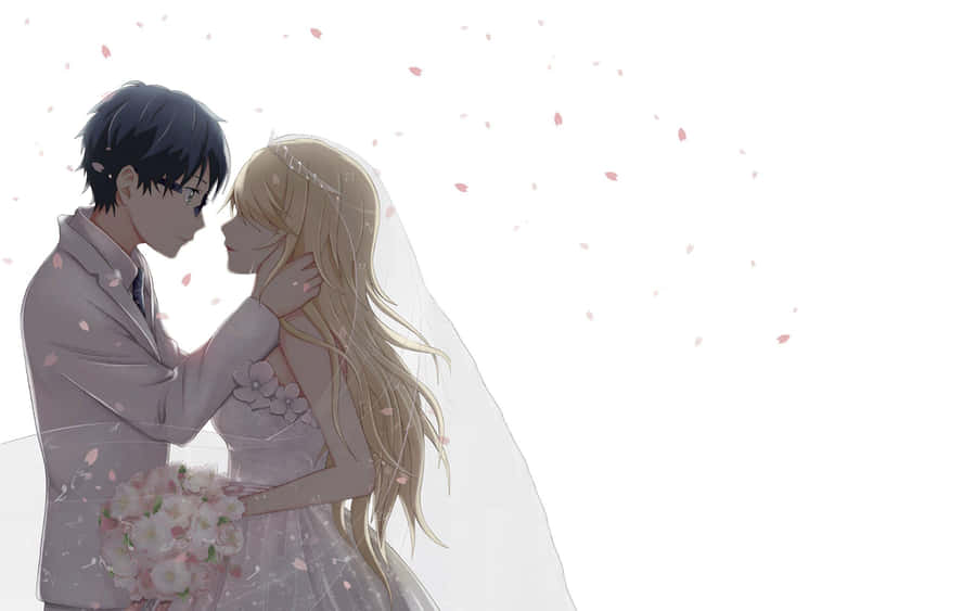 Gay Anime 桌布 壁紙 — 一對溫柔的動漫情侶在飄落的櫻花下分享浪漫時刻，色調柔和粉彩。