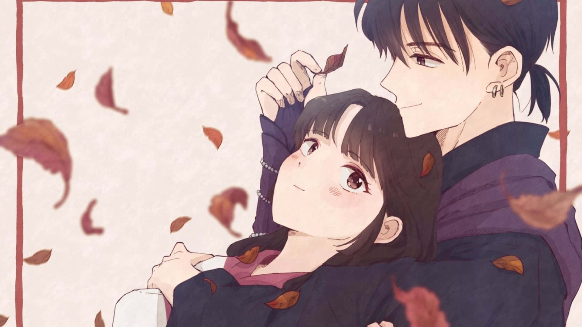 Miroku 桌布 壁紙 — 一對溫柔的動漫情侶在飄落的秋葉中擁抱，呈現柔和暖色調的插圖。