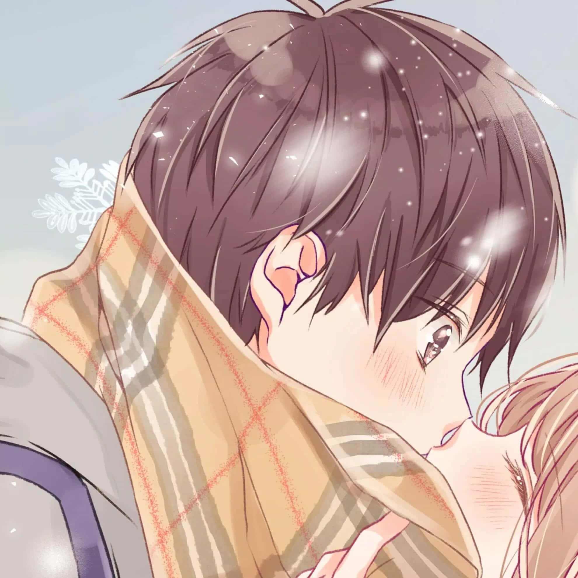 anime snow 桌布 壁紙 — 一對溫柔的動漫情侶在飄雪中擁抱，身上裹著柔軟的格紋毯。