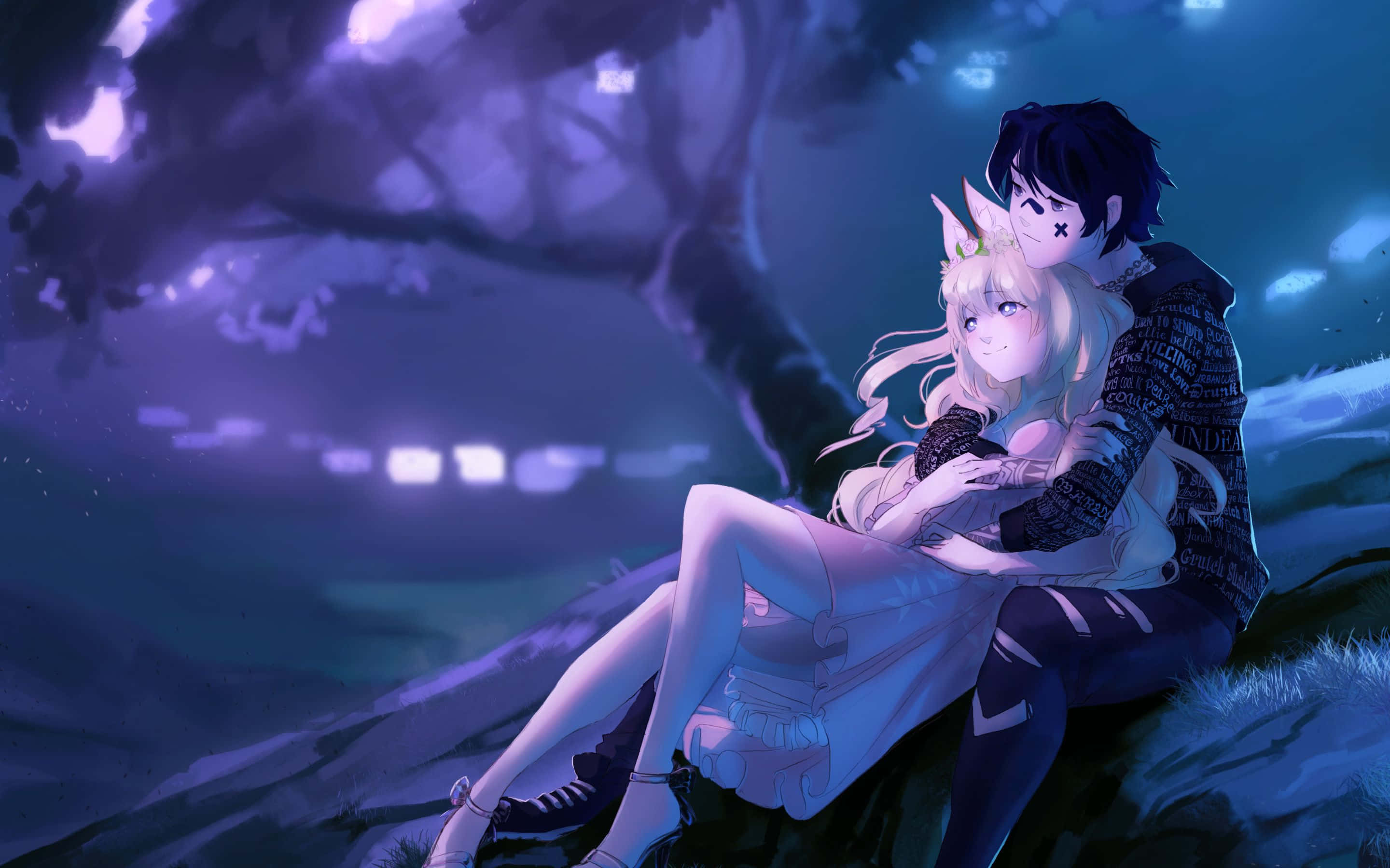 Couple Pfp 桌布 壁紙 — 一對溫柔的動漫情侶在黃昏時分，在夢幻般的森林場景中，在一棵發光的紫色樹下擁抱。