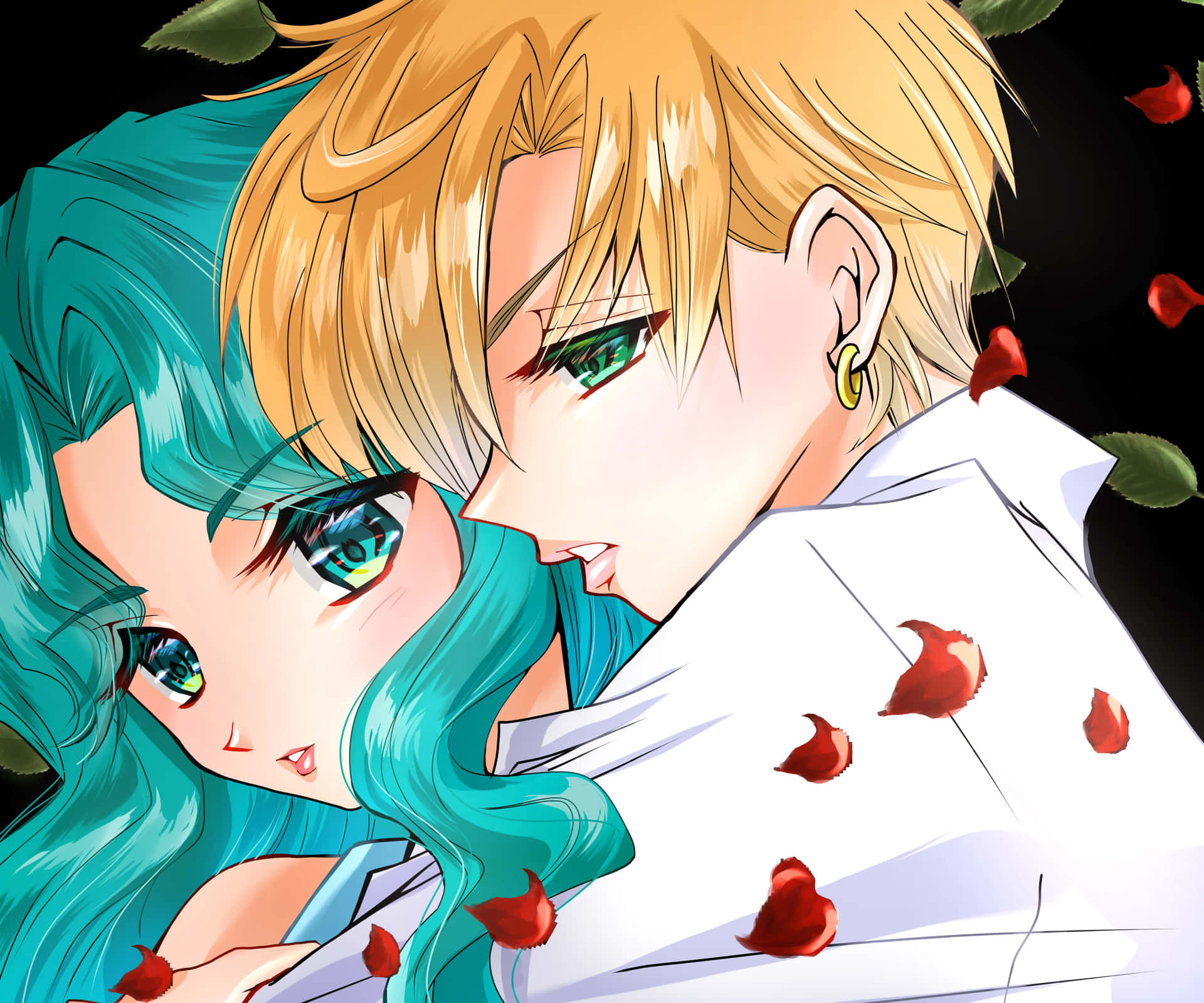 美少女戰士 桌布 壁紙 — 一對溫柔的動漫情侶在黑暗背景下，在飄落的紅玫瑰花瓣中擁抱。