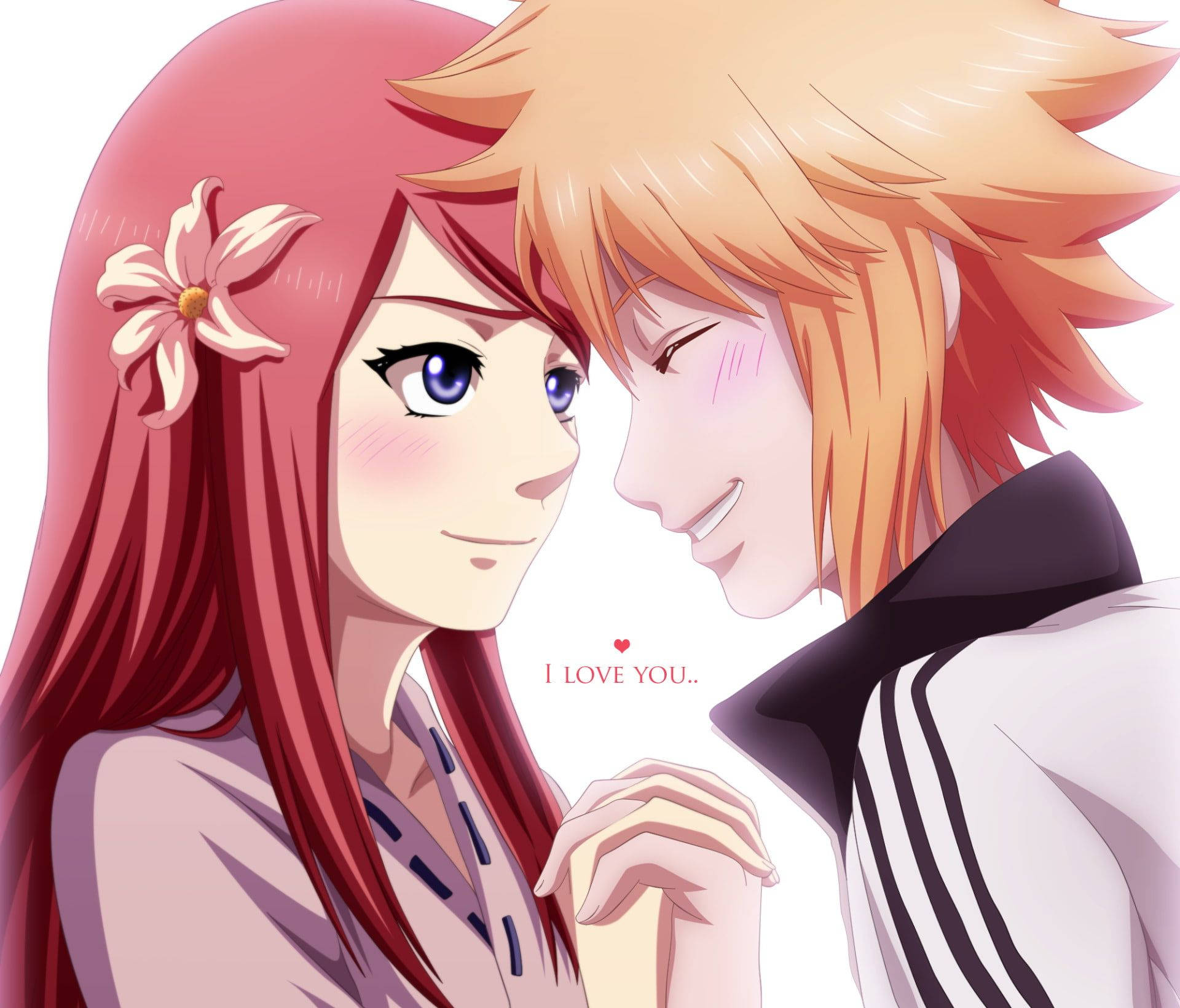 湊 桌布 壁紙 — 一對溫柔的動漫情侶深情對望，中間有心形圖案和「I LOVE YOU」字樣。